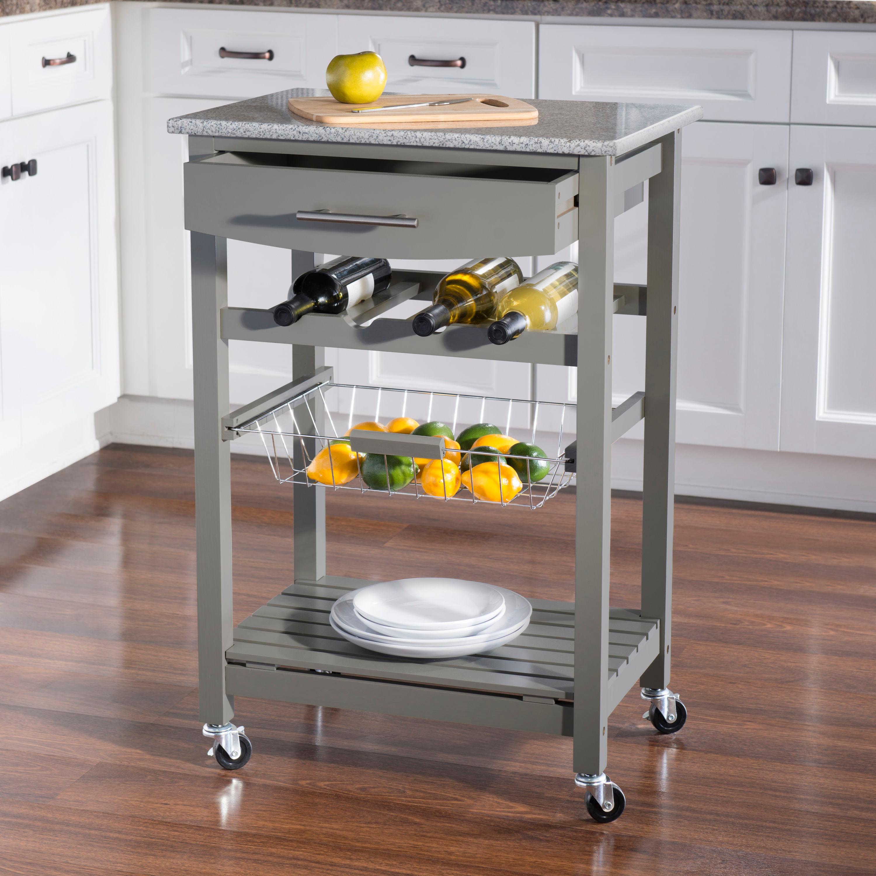 Roger Gray Wood Movable Kitchen Cart Granite Top Storage Wine Rack Locking Wheels - Linon