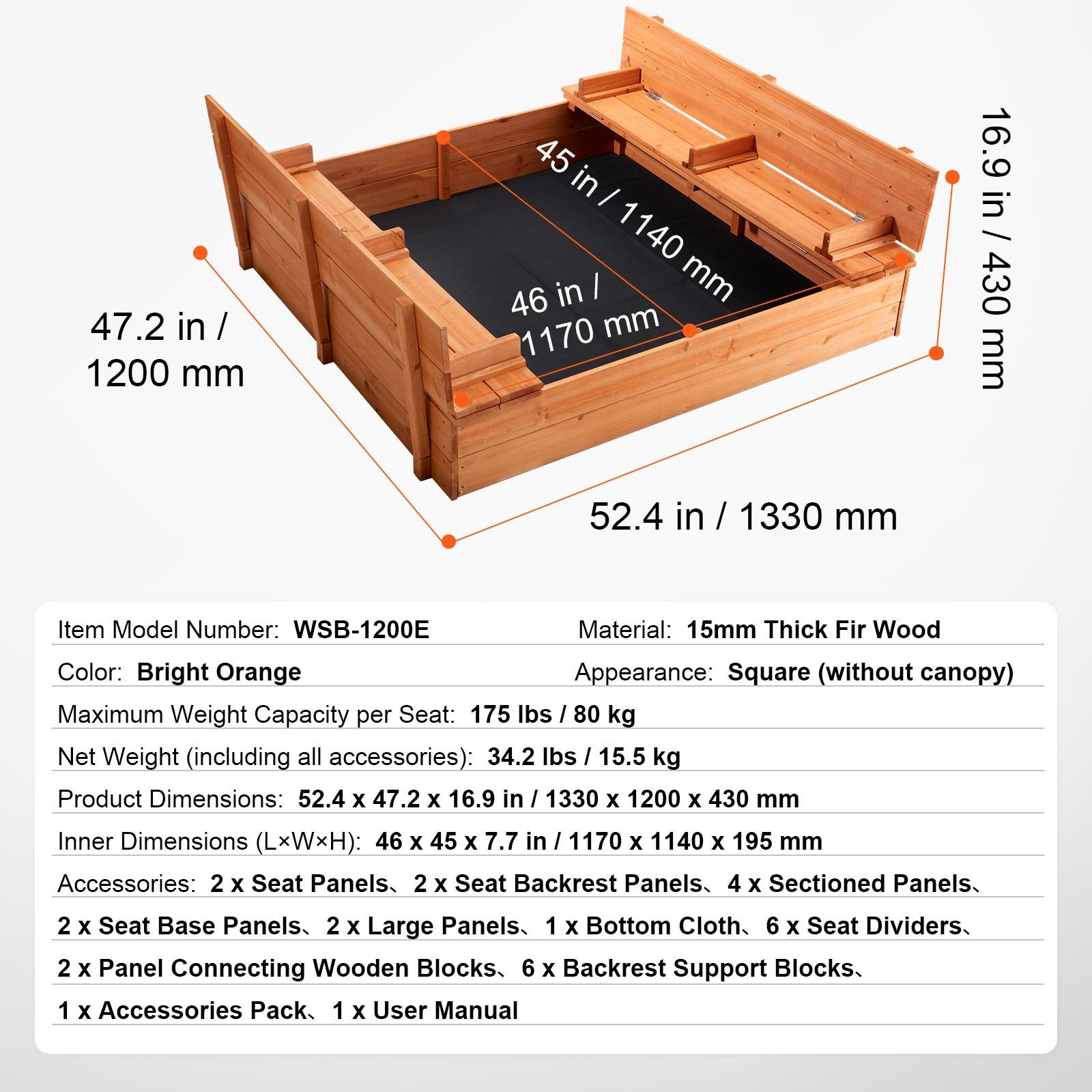 VEVOR 52.4-in x 47.2-in Brown Square Wood Sandbox