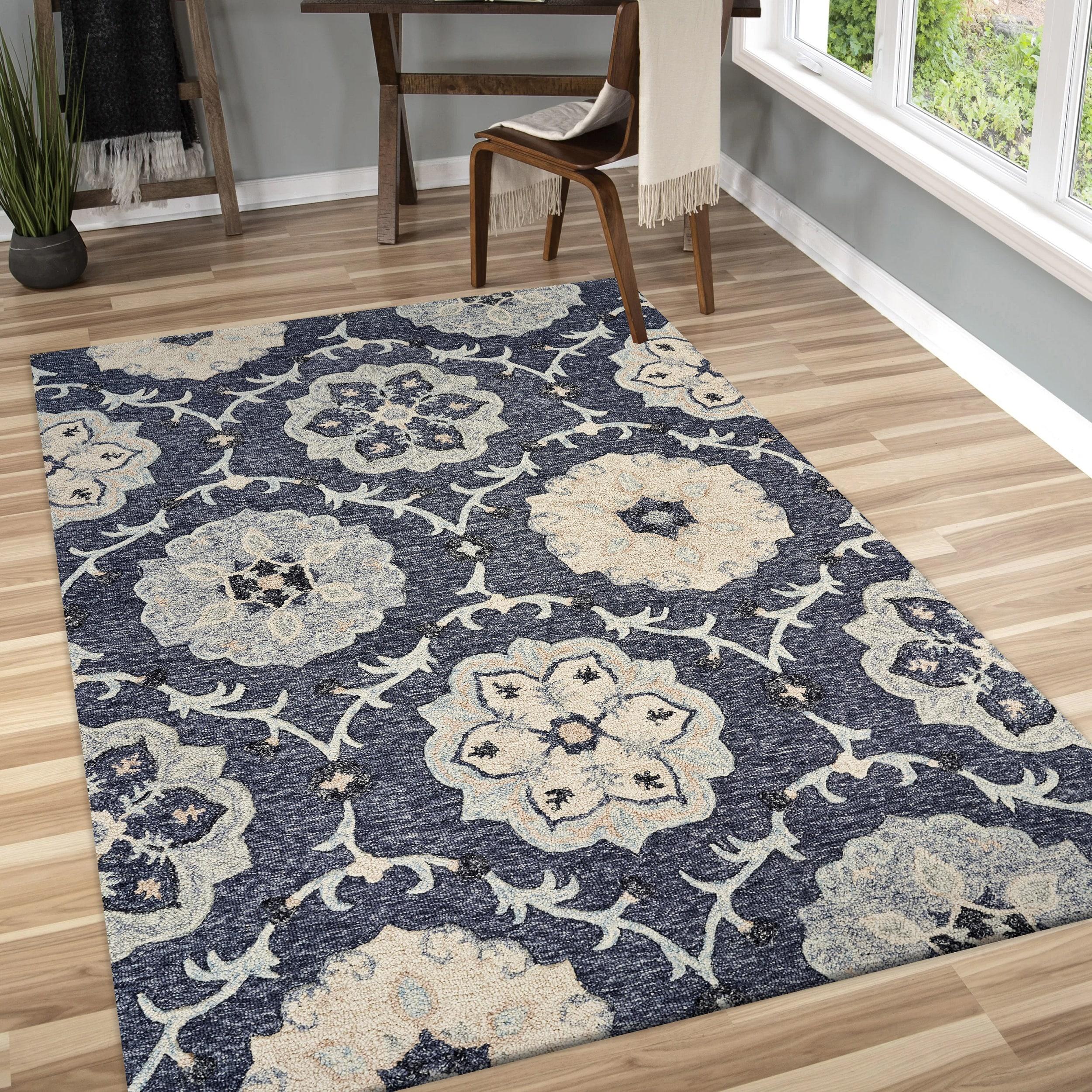 LR Home Aiden 7' x 9' Blue and Gray Floral Wool Indoor Area Rug