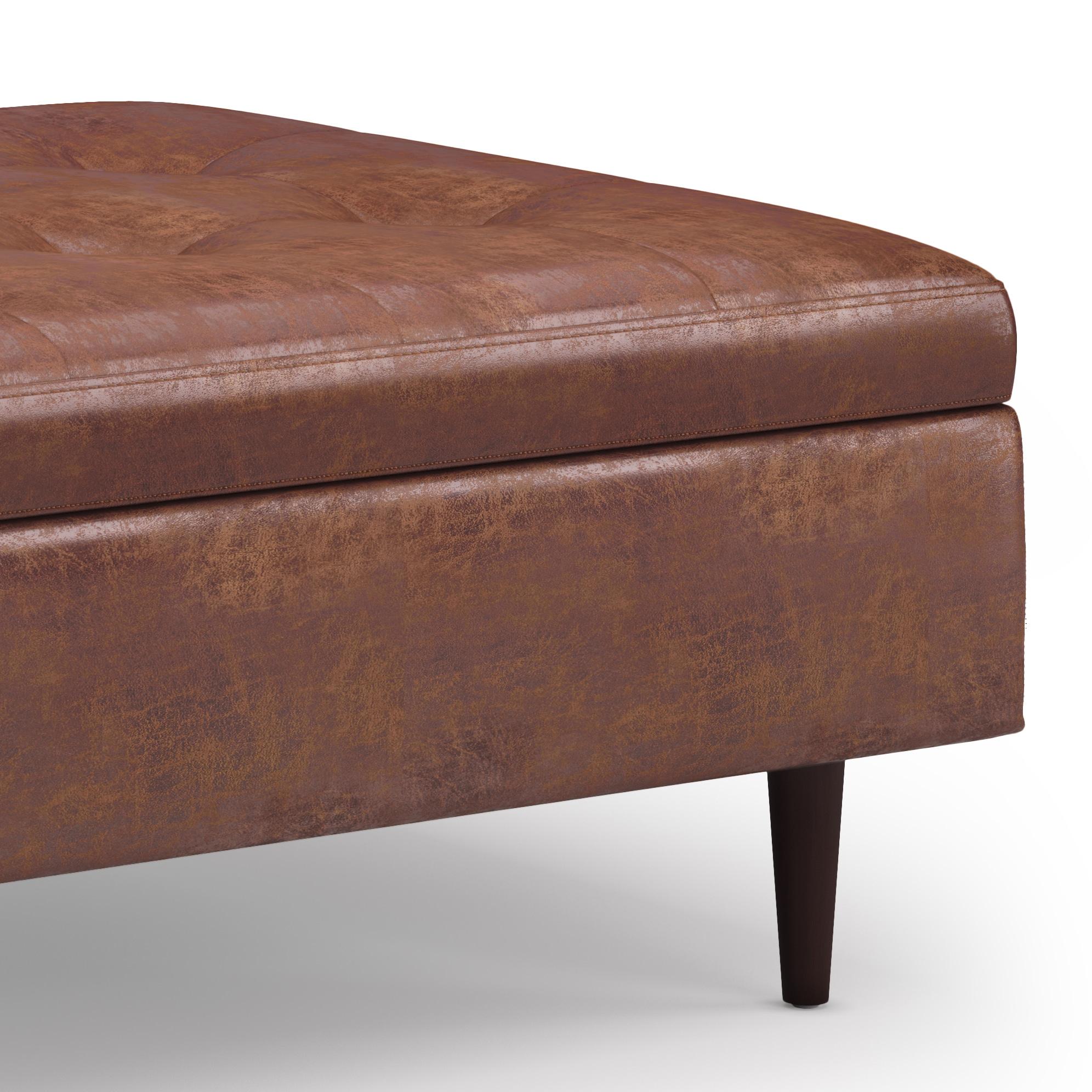 Simpli Home Shay 38 inch Wide Mid Century Modern Square Mid Century Large Square Coffee Table Storage Ottoman in Distressed Saddle Brown Vegan Faux Leather