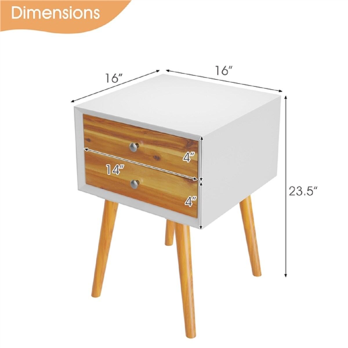 Giantex Mid Century Modern Nightstand, Wooden Bedside Tables w/ 2 Storage Drawers & Solid Wood Legs, Practical End Side Table for Living Room Bedroom, White & Walnut