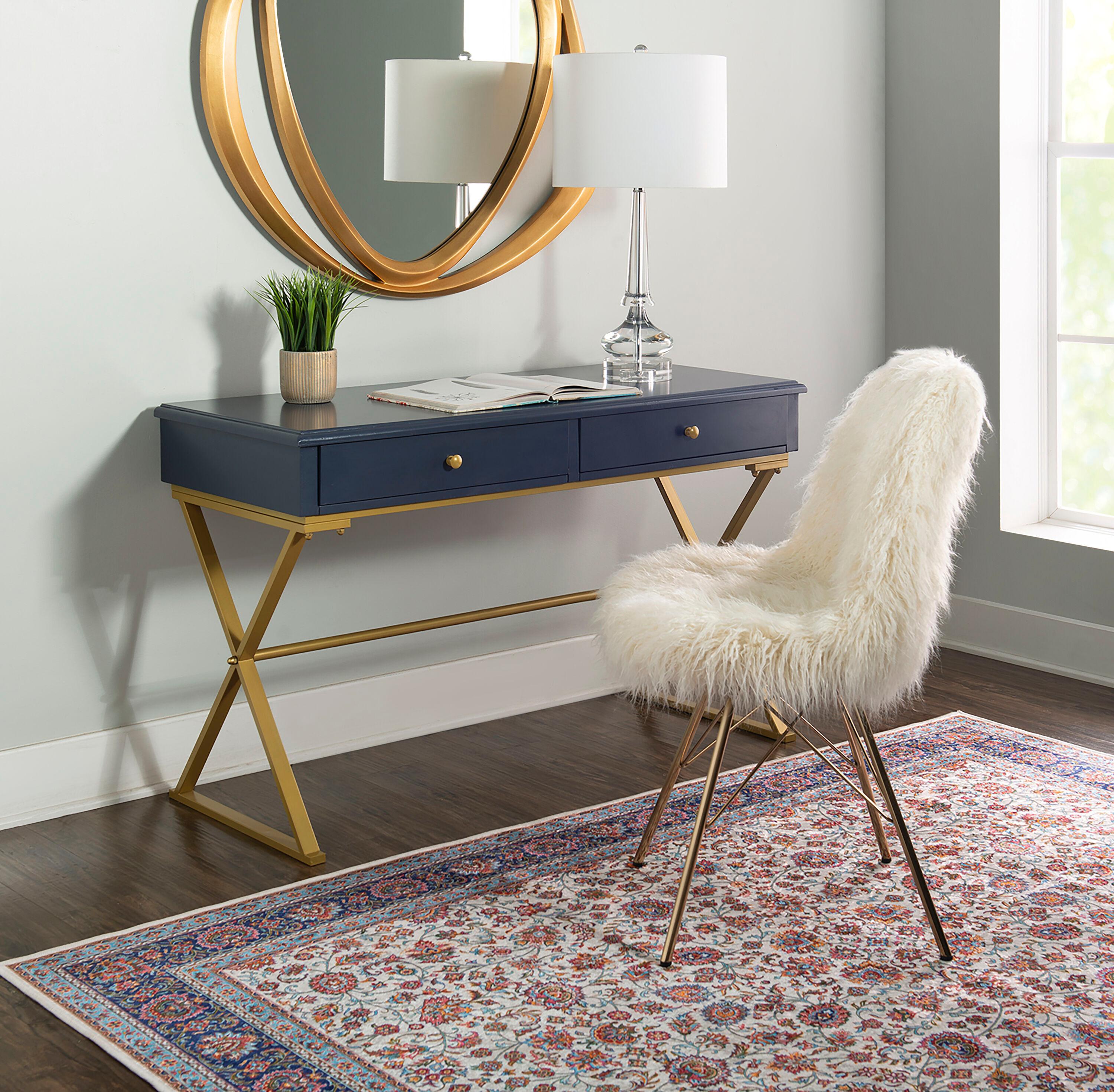 Campaign 2 Drawer Desk Blue/Gold - Linon: Matte Gold Legs, MDF, Metal Hardware