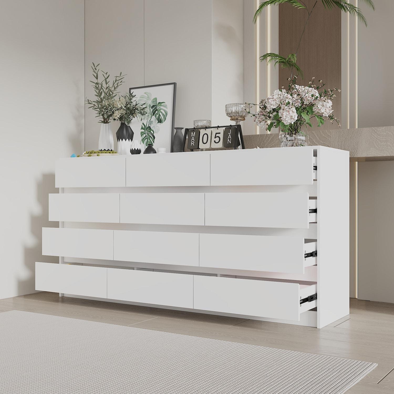 White Double Dresser with 12 Drawers, Modern Engineered Wood