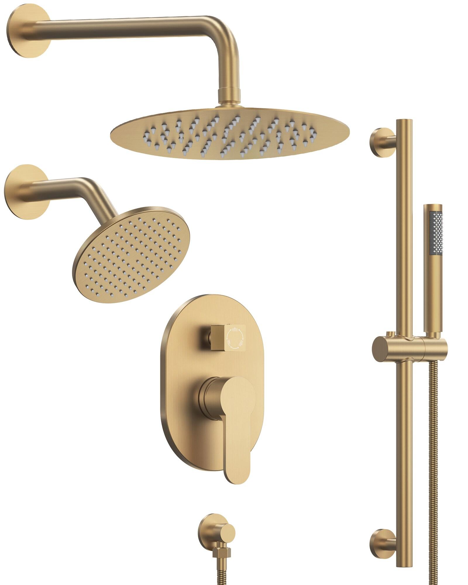 GRANDJOY Complete Shower System, 10" and 6" Dual Wall Mount Rain Shower Faucets with Handheld Shower Spray, High Pressure in Brushed Gold