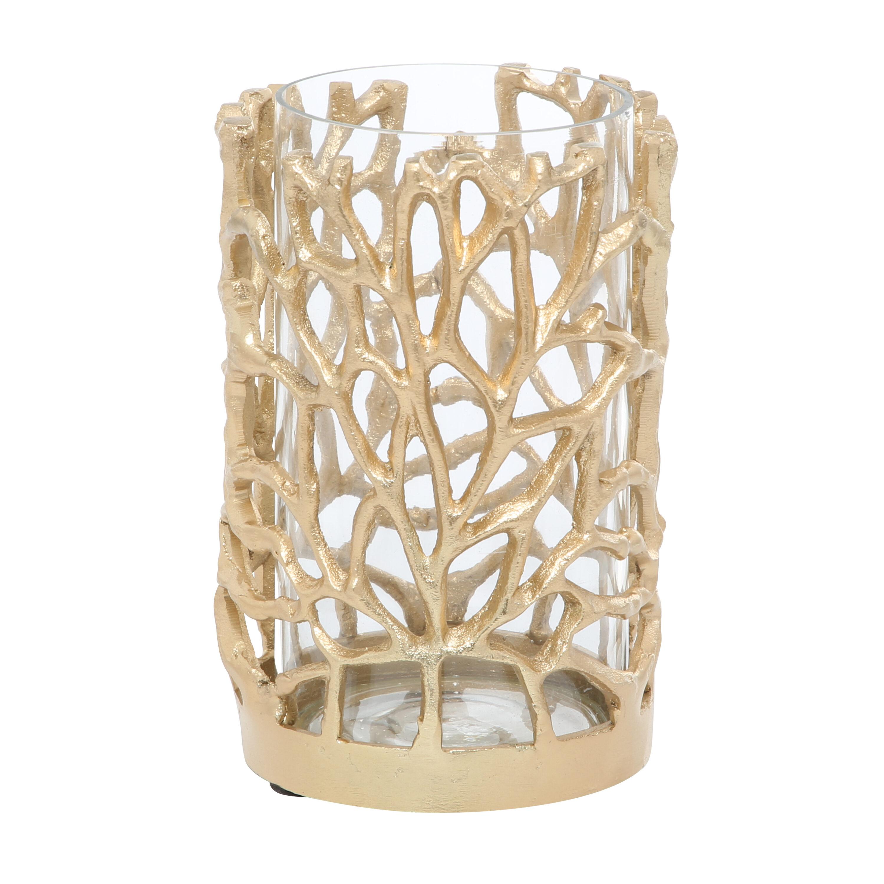 DecMode Gold Aluminum Metal Decorative Candle Lantern with Coral Pattern