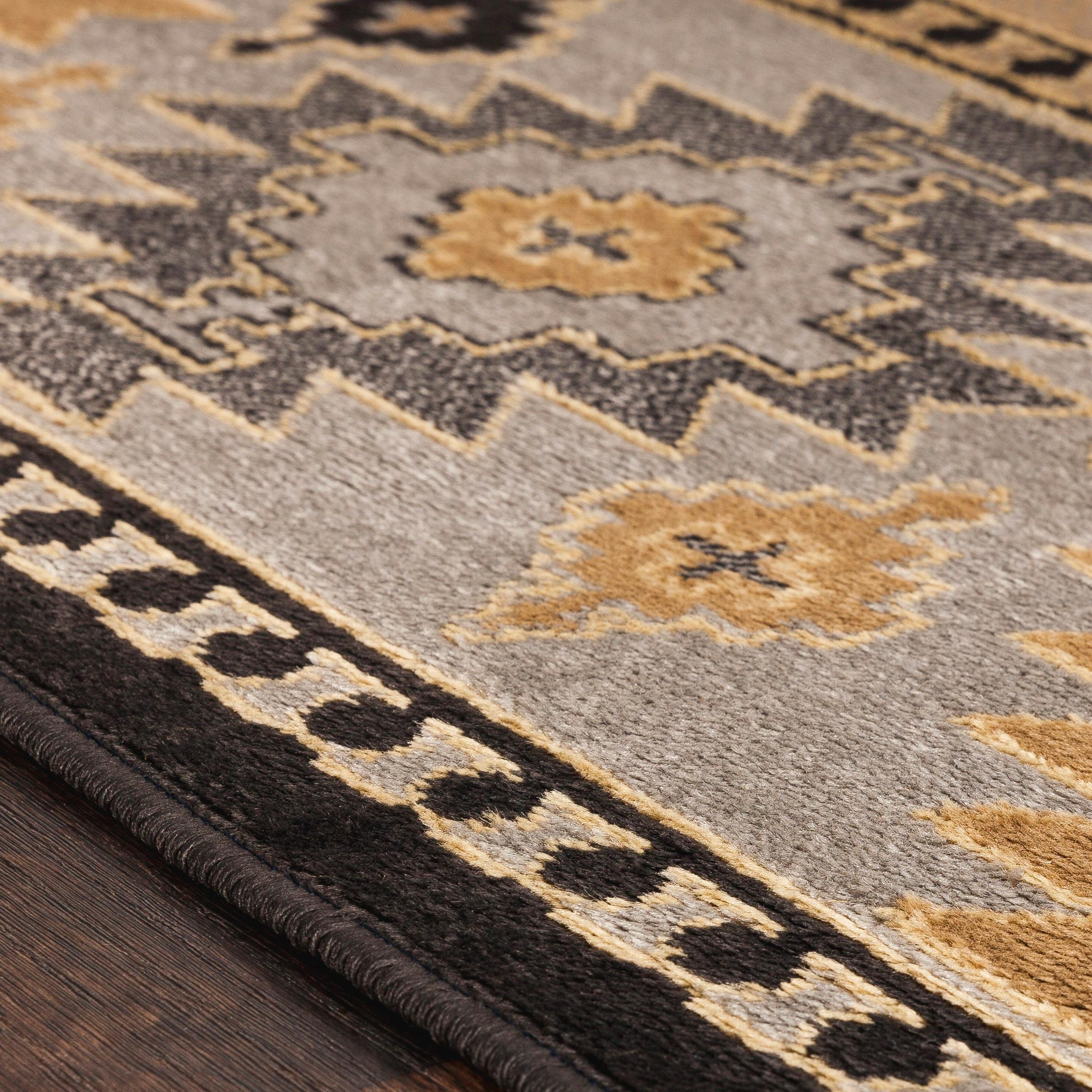 Greige and Black Synthetic Southwest Print Rectangular Area Rug