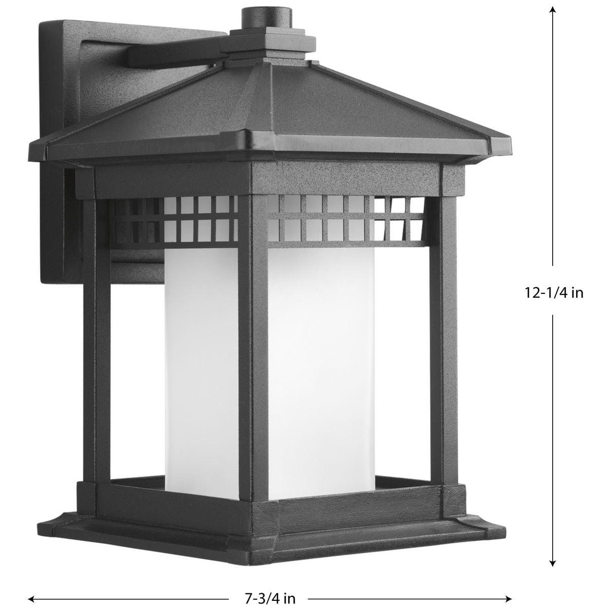 Progress Lighting Merit 1-Light Medium Wall Lantern in Black, Ceramic, Wet Rated, Square Etched Glass Shade