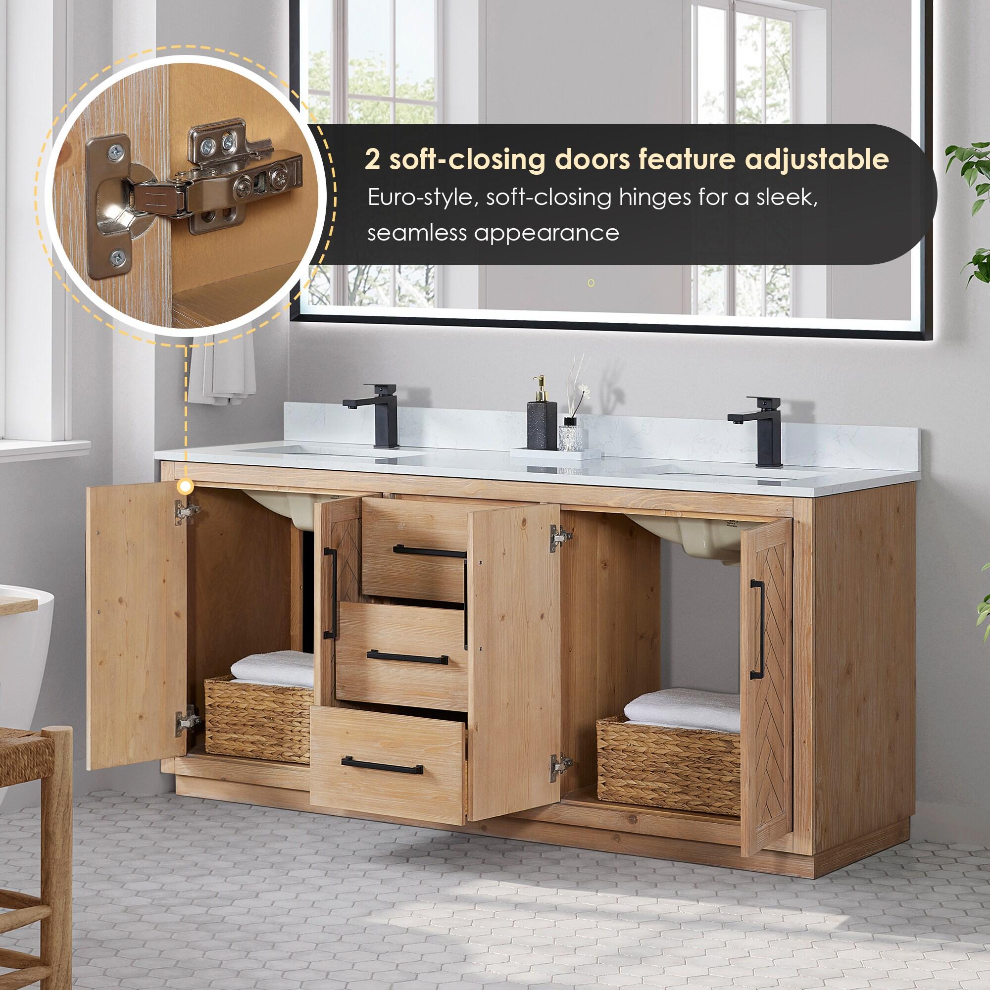 Anais 72" Wood Vanity in Light Brown with White Composite Stone Top with Mirror