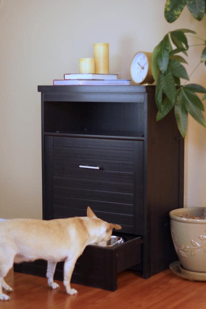 New Age Pet® ECOFLEX® Dog Food Pantry with Double Stainless Steel Bowls - Durable Composite, Includes 2x 32oz Bowls, Storage for 25 lbs of Dog Food, Easy Assembly, Moisture Resistant