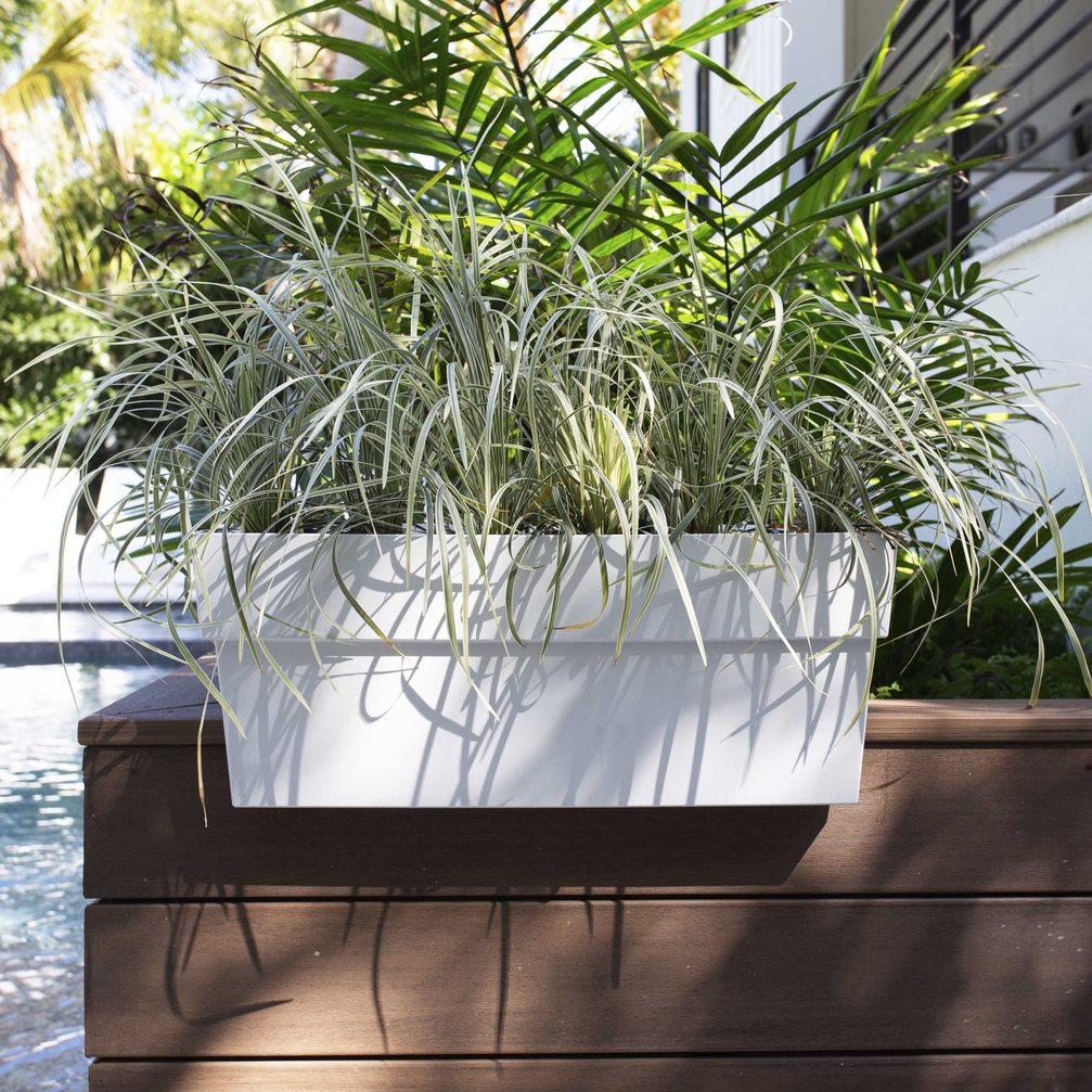 Bloem Finley Deck Rail Rectangle Planter: 24" - Casper White - Matte Finish, Fits Rail Sizes 3"-6", 100% Recycled Plastic Box, For Indoor and Outdoor Use, Gardening, 7.5 Gallon Capacity