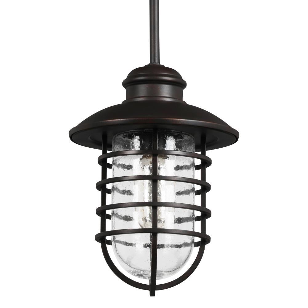 Design House 588996-BRZ Stevenson Rustic Industrial 1-Light Indoor Dimmable Pendant with Clear Seedy Glass and Metal Wire Shade for Kitchen island barBedroom, Bronze