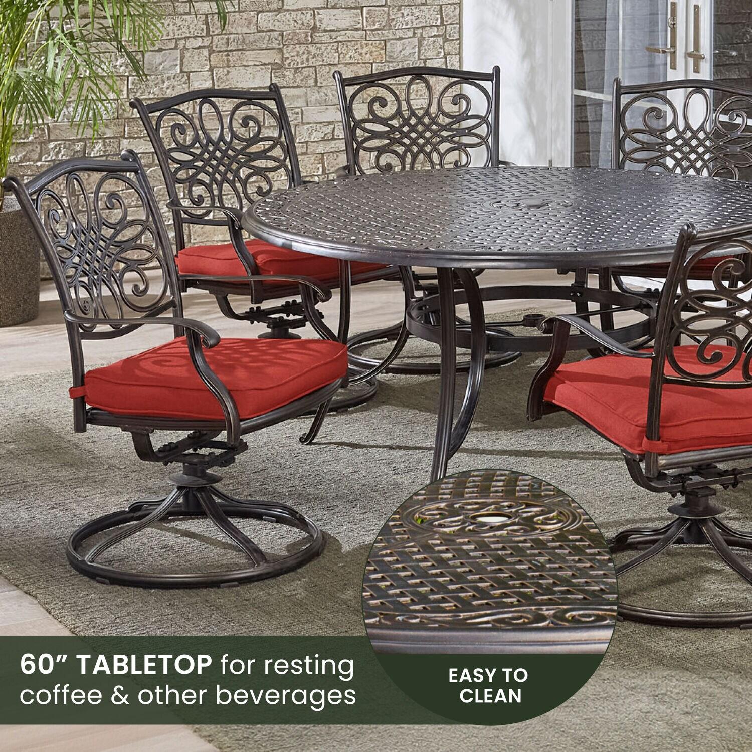 Hanover Traditions 7 Pcs Aluminum Outdoor Dining Set with Cast-top Table, Red