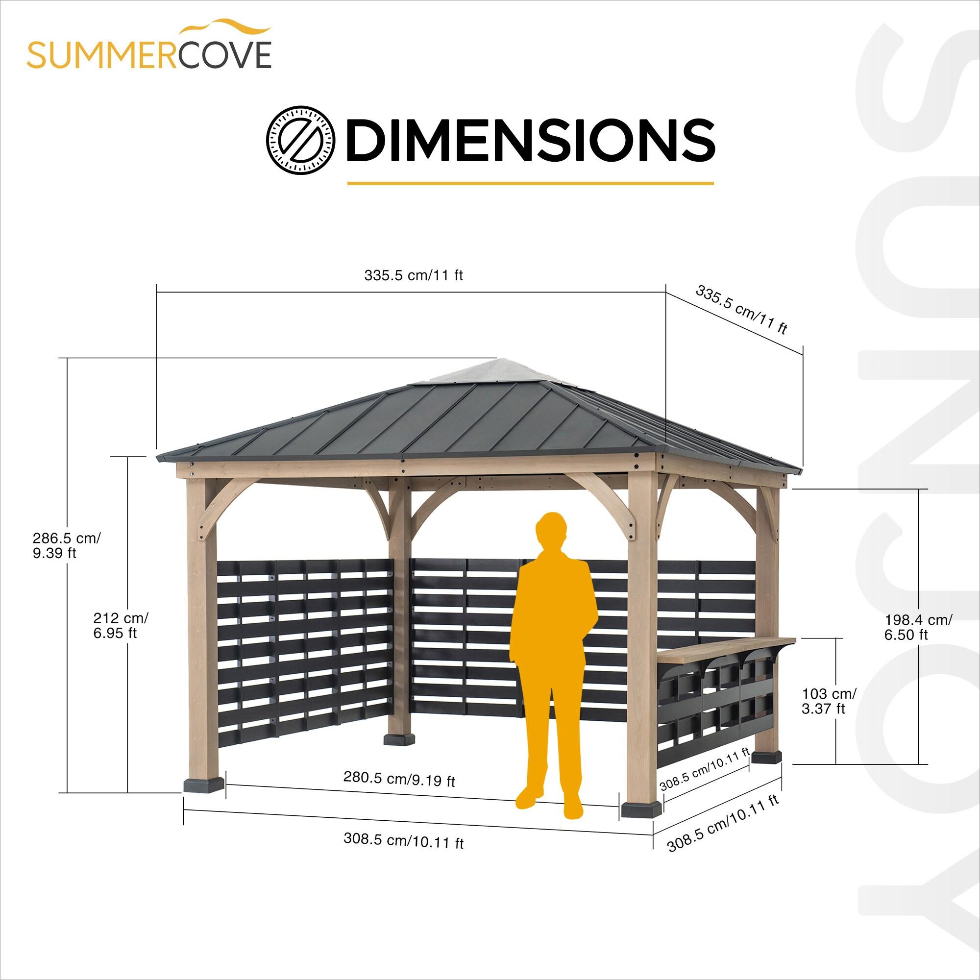 Sunjoy Cameron 11 ft. x 11 ft. Cedar Wood Framed Hot Tub Gazebo with Steel and Polycarbonate Hardtop and bar shelf, Matte Black