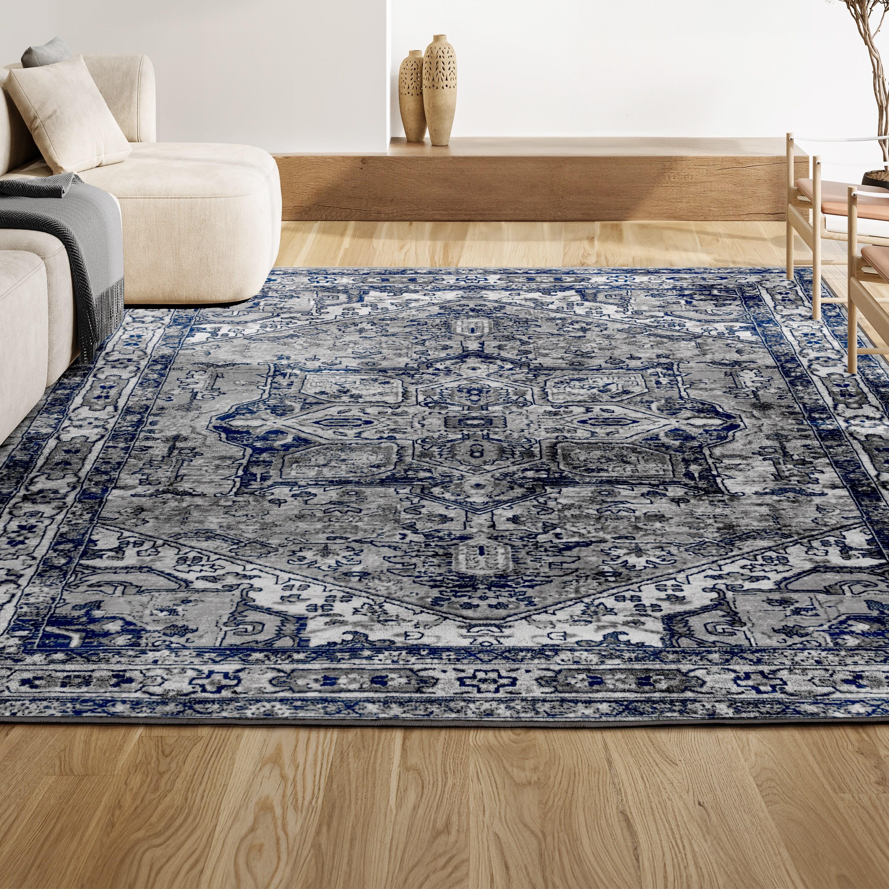 2'x8' Modern Persian Vintage Medallion Runner Rug, Light Grey/Navy - JONATHAN Y
