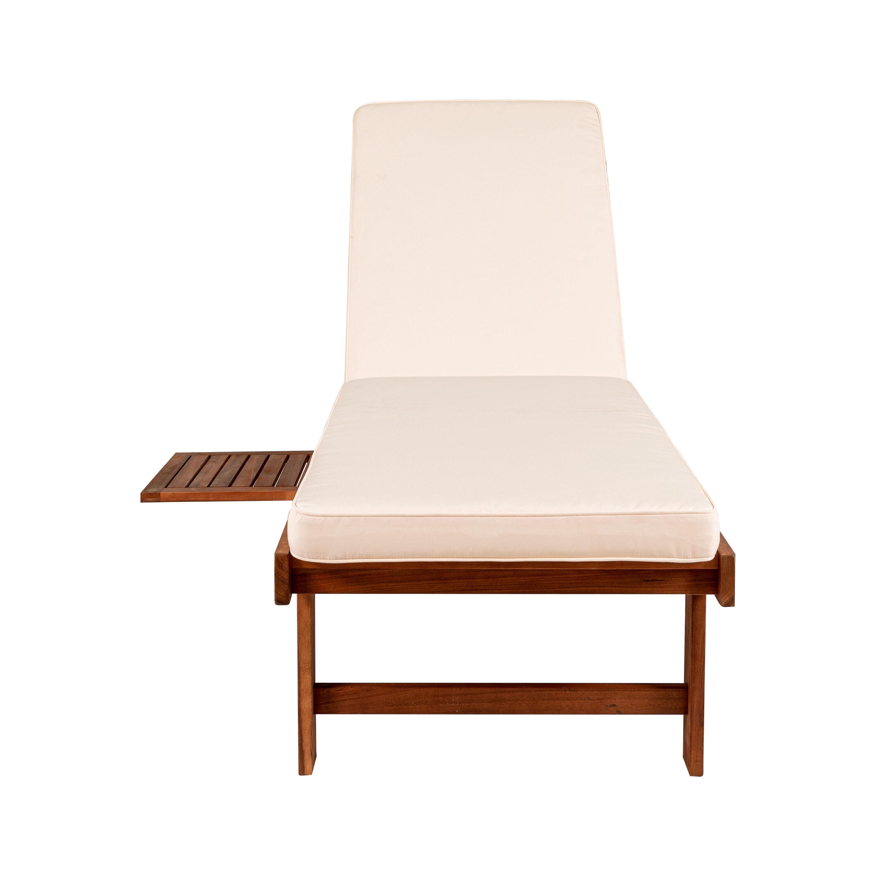 Seabrook 69 x 24 Inch Outdoor Acacia Wood Lounger with Cushion, 5-Position Back, Slide Table & Wheels, Light Brown -JONATHAN Y