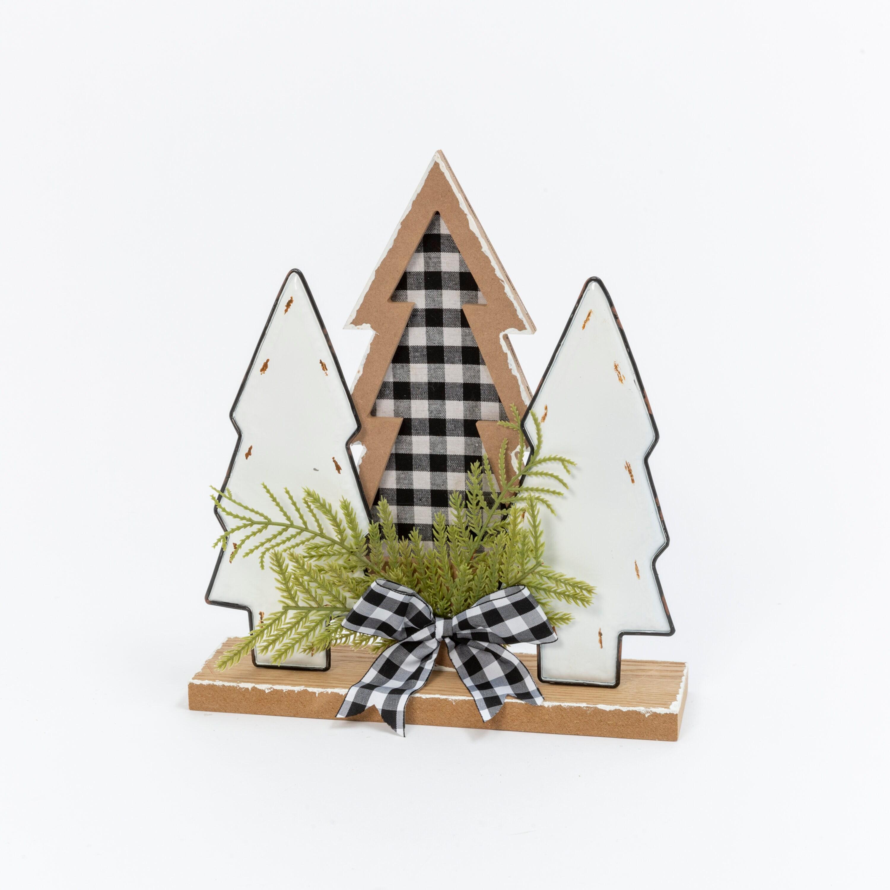 12-Inch Pine and Plastic Christmas Tree Trio with Plaid Bow