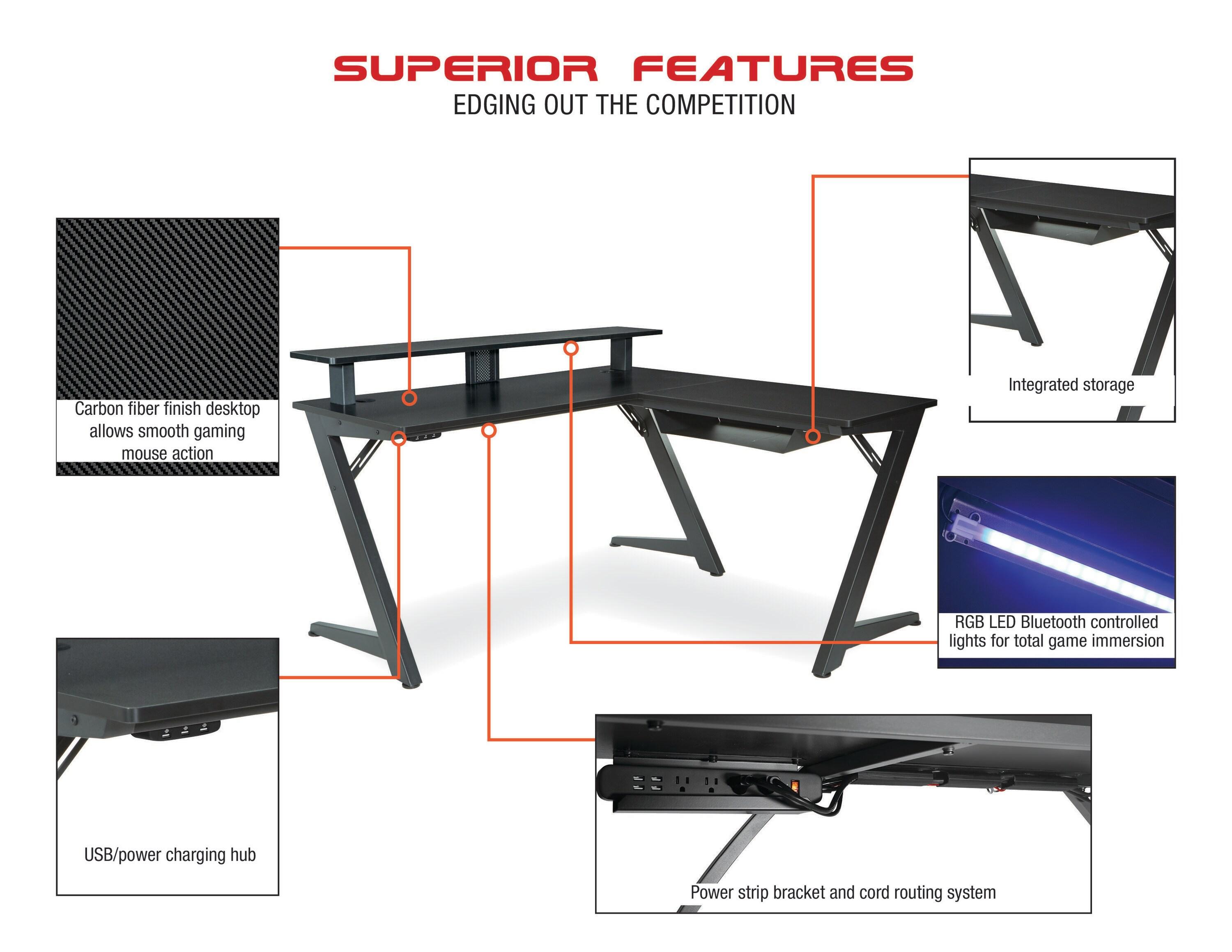 Avatar Battlestation L-Shape Game Desk with Carbon Top and Matte Red Legs