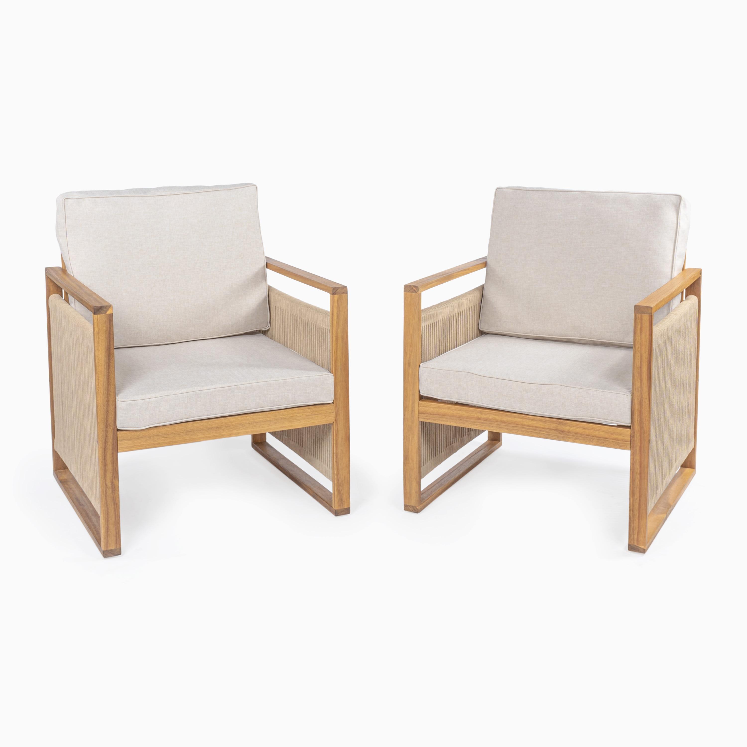 Gable Mid-Century Modern Roped Acacia Wood Outdoor Patio Chair with Cushions, Beige/Light Teak (Set of 2) - JONATHAN Y