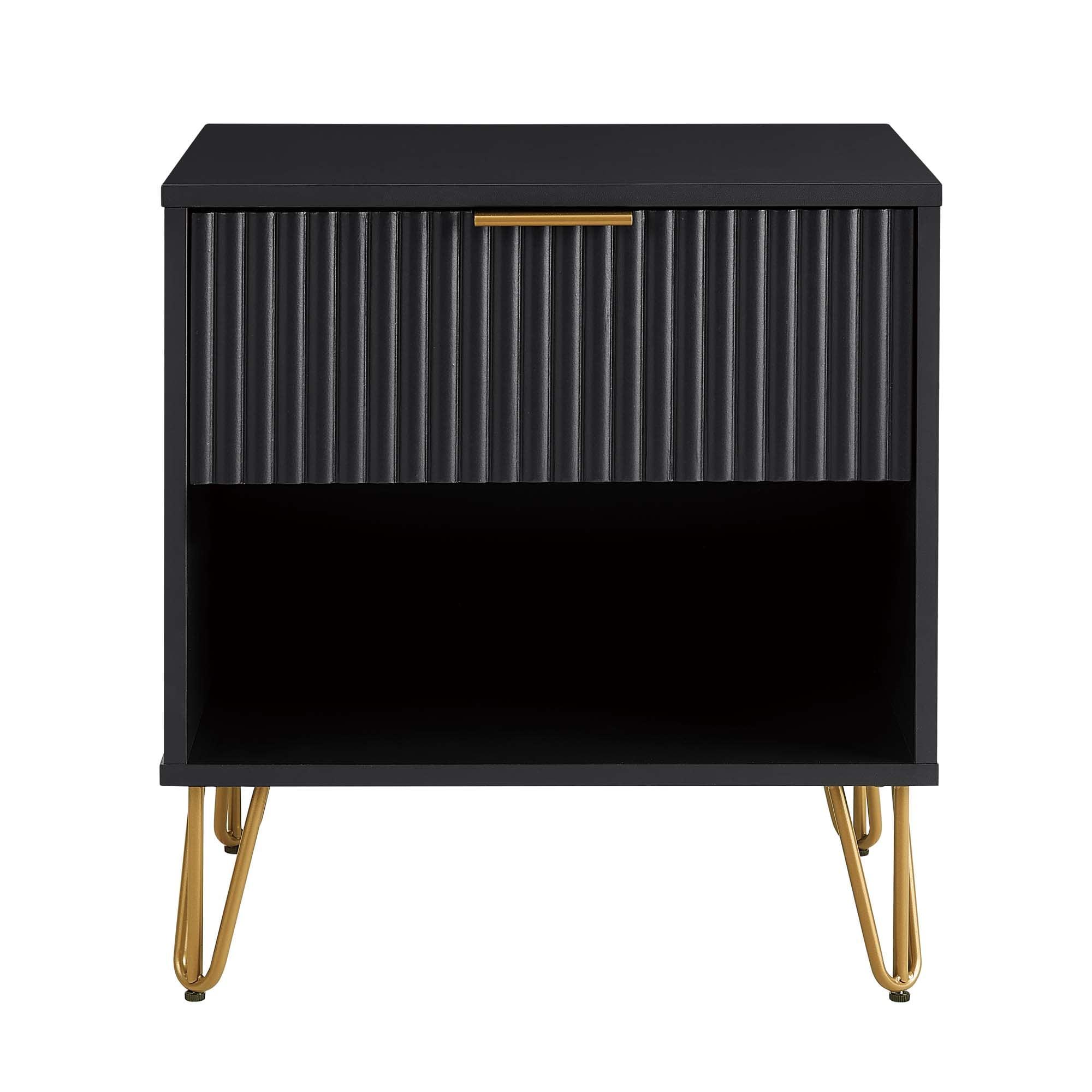 Manhattan Comfort Dumbo Nightstand with Drawer Black: Modern Design, Splayed Metal Legs, Soft Close Storage