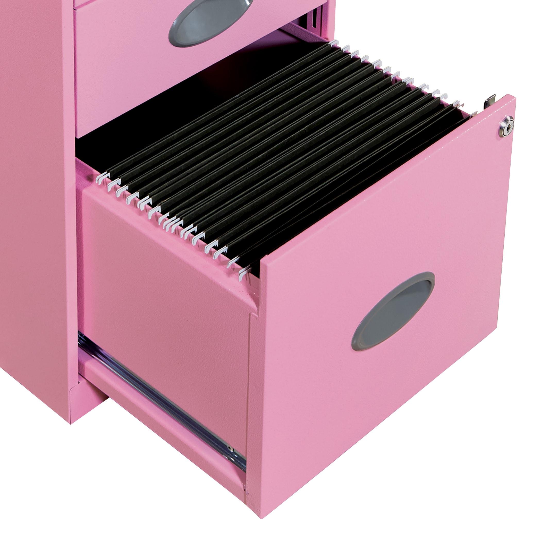 OSP Home Furnishings 3-Drawer Lockable Metal File Cabinet, Pink