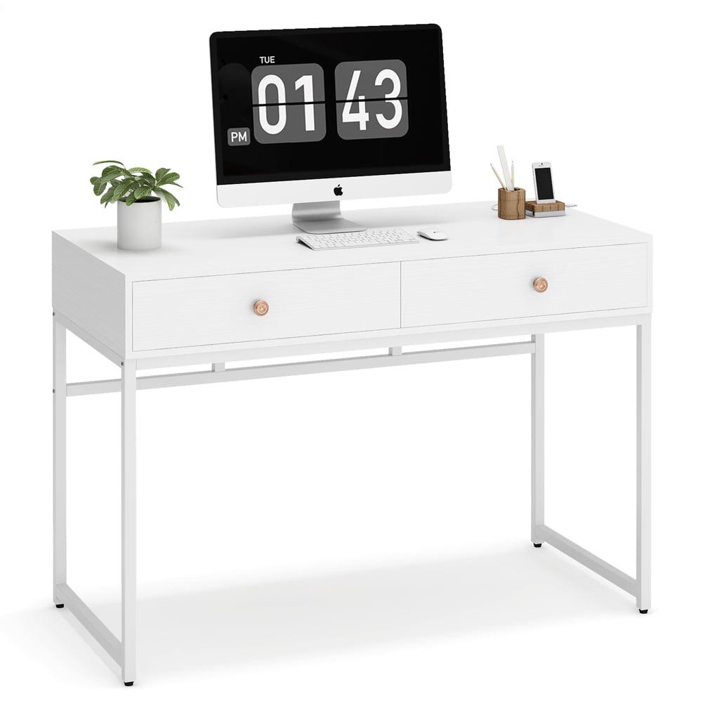 White Modern Computer Desk with Drawers and Golden Legs