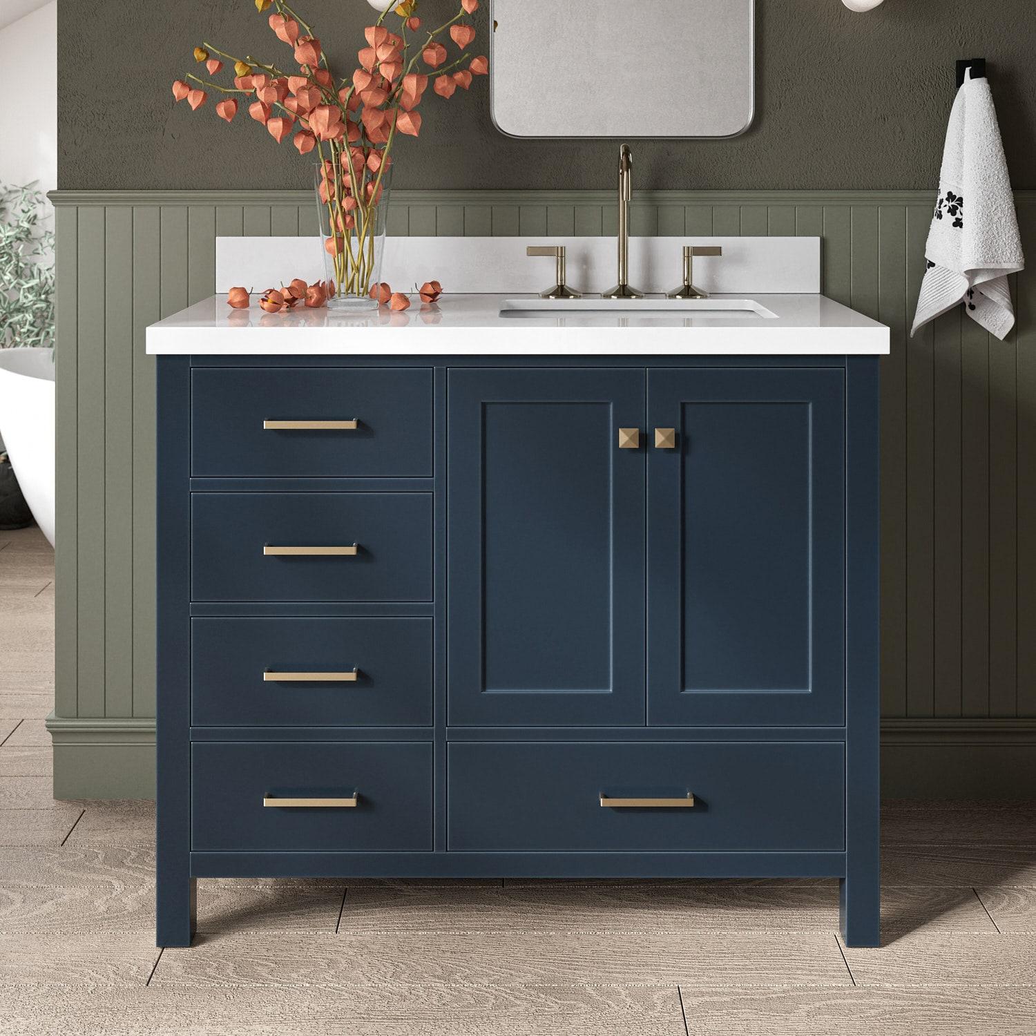 ARIEL Cambridge 43 Inch Midnight Blue Bathroom Vanity with Single Sink, Solid Wood, White Quartz Countertop, 1.5-Inch Edge, Right Rectangular Undermount Sink, 2 Soft Closing Doors, 5 Drawers