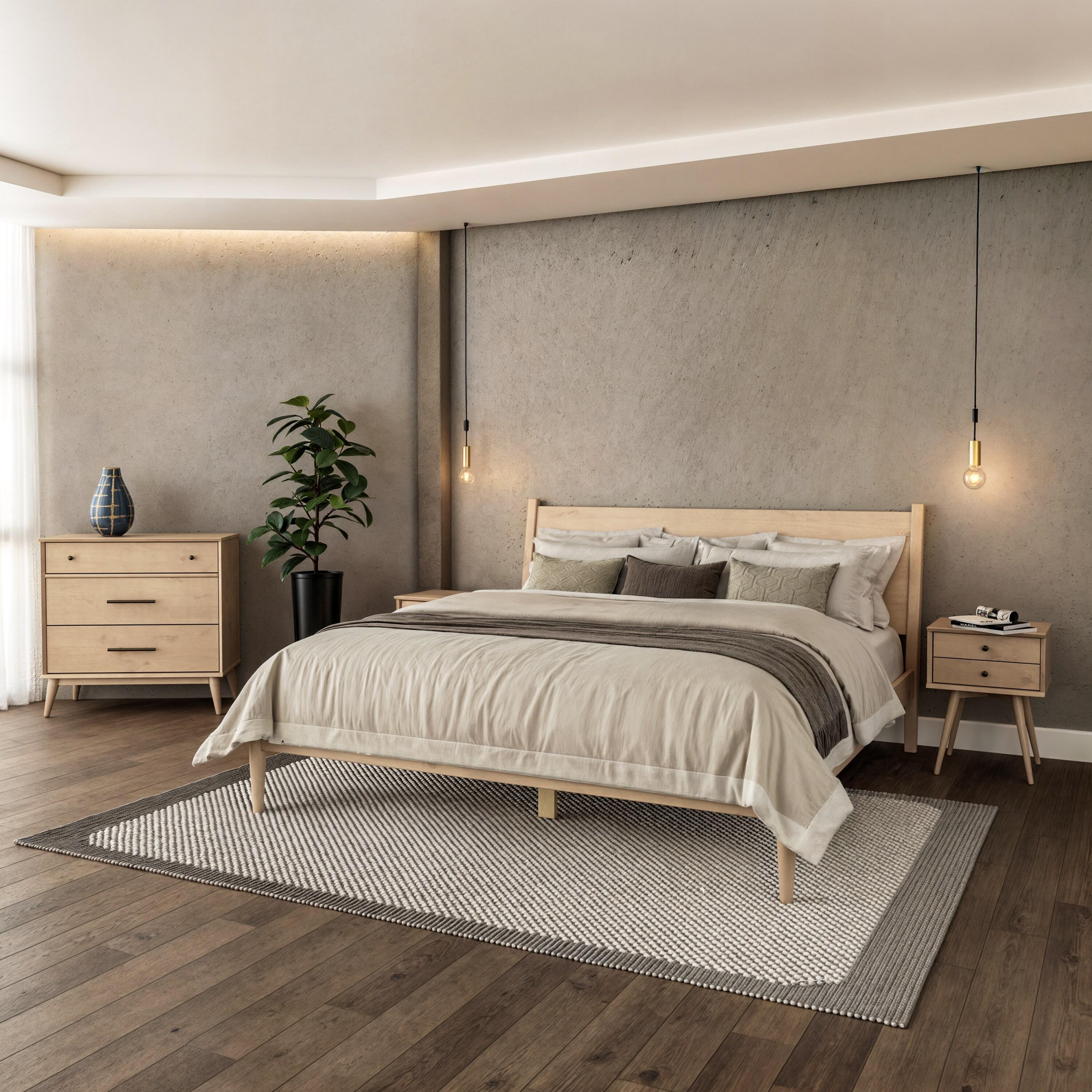 Mid-Century Light Oak King Pine Wood Upholstered Platform Bed