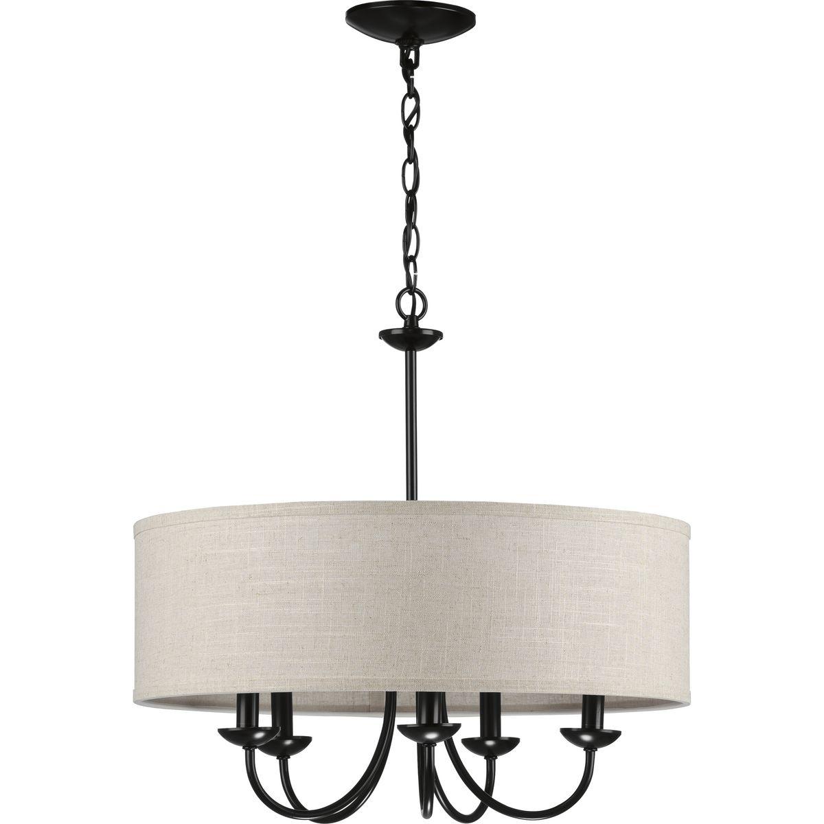 Progress Lighting, Drum Shade Collection, 5-Light Pendant, Black Finish, Harvest Linen Shade