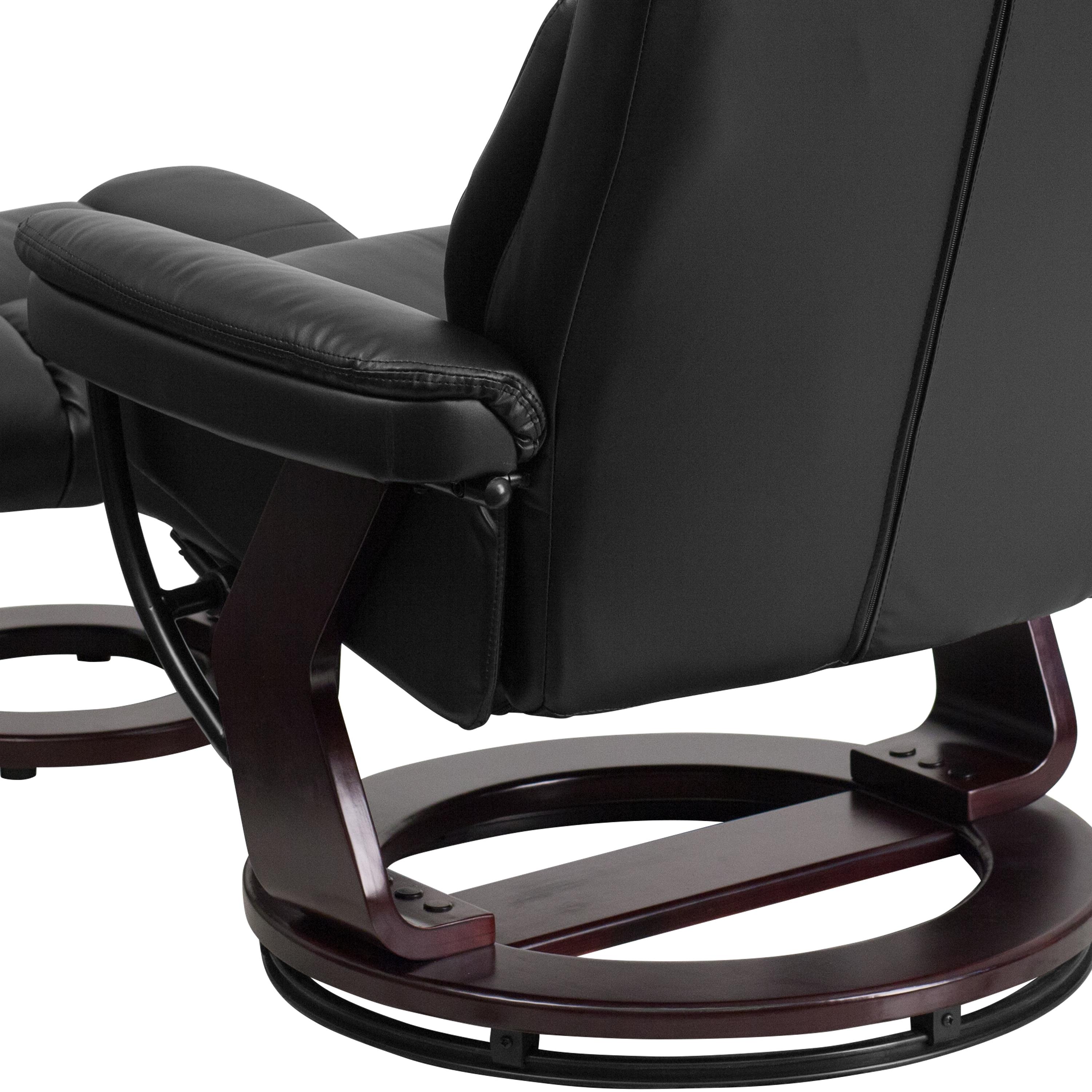 Flash Furniture Contemporary Multi-Position Recliner and Curved Ottoman with Swivel Mahogany Wood Base in Black LeatherSoft