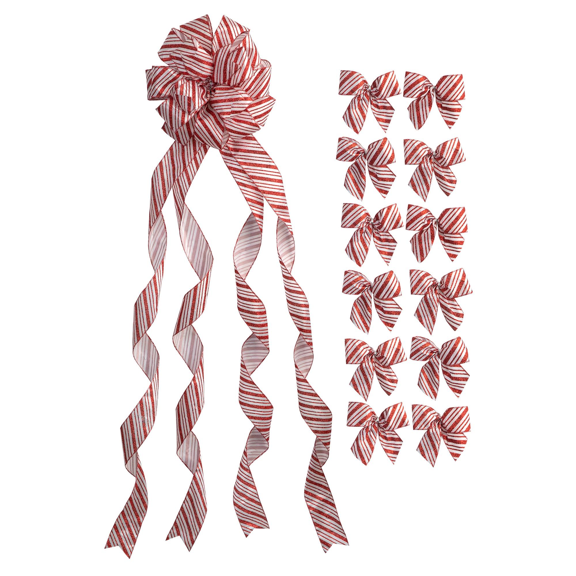 New Traditions Large Glitter Candy Cane Stripe Ribbon Christmas Tree Topper Bow and 12 Mini Bows, 13 Pieces