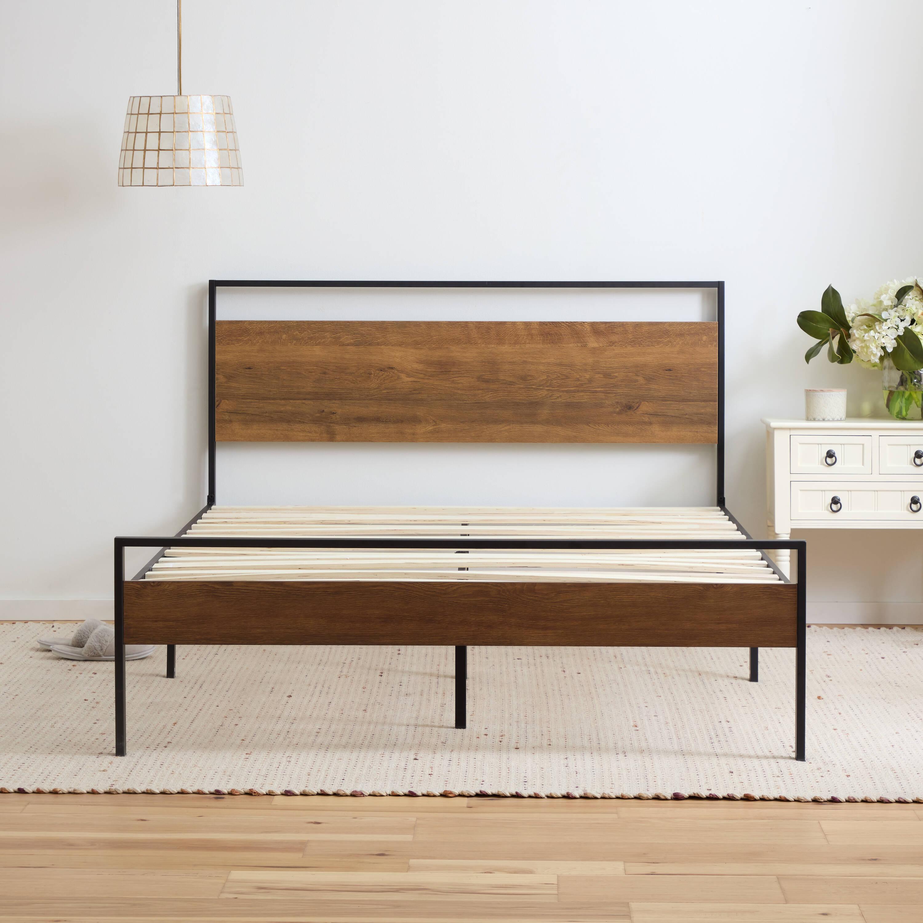 King Nora Metal and Wood Platform Bed Frame Brown - Brookside Home: Sturdy, No Box Spring Needed