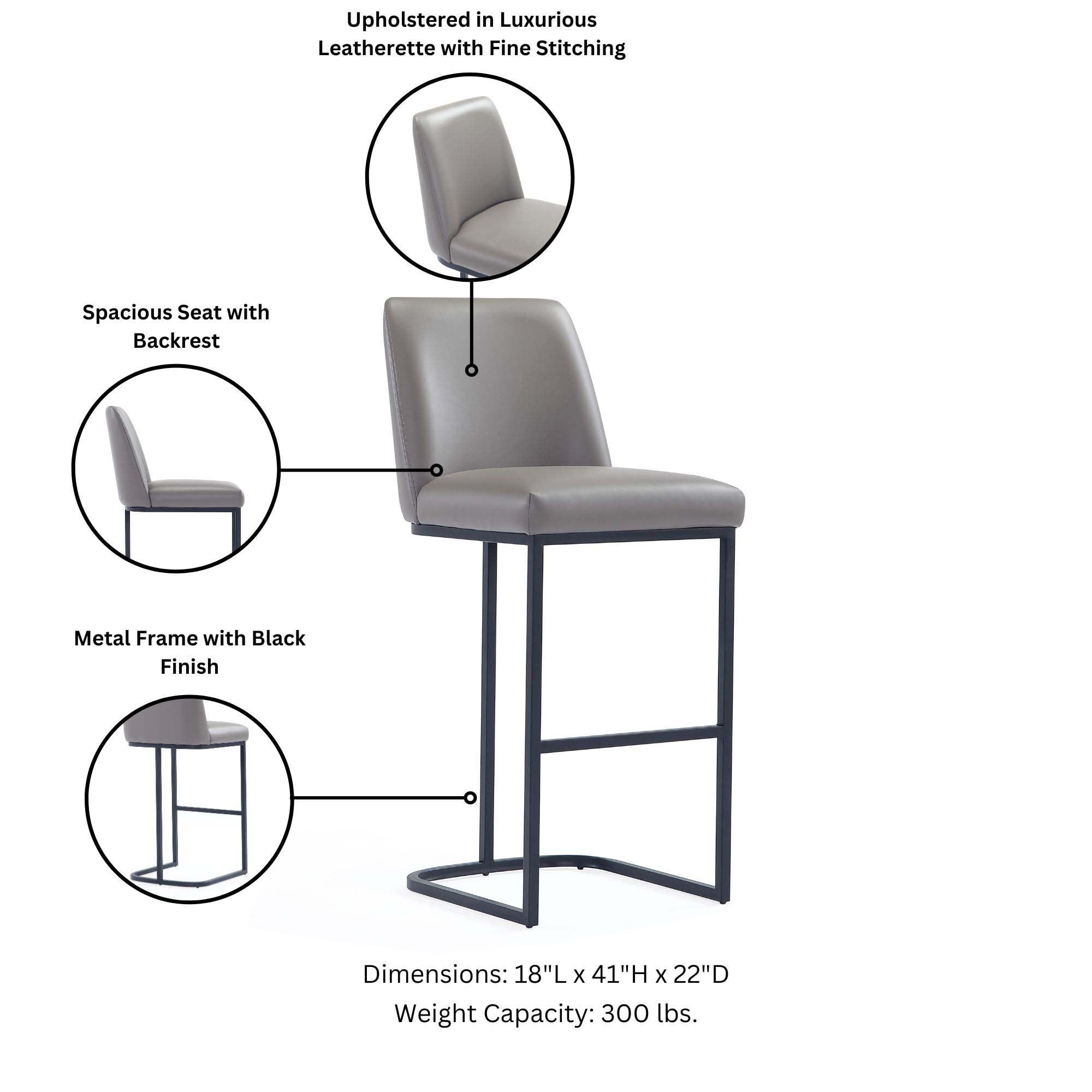 Manhattan Comfort Serena Leatherette Upholstered Metal Barstool Gray: Sled Base, Padded Back, Fixed Height