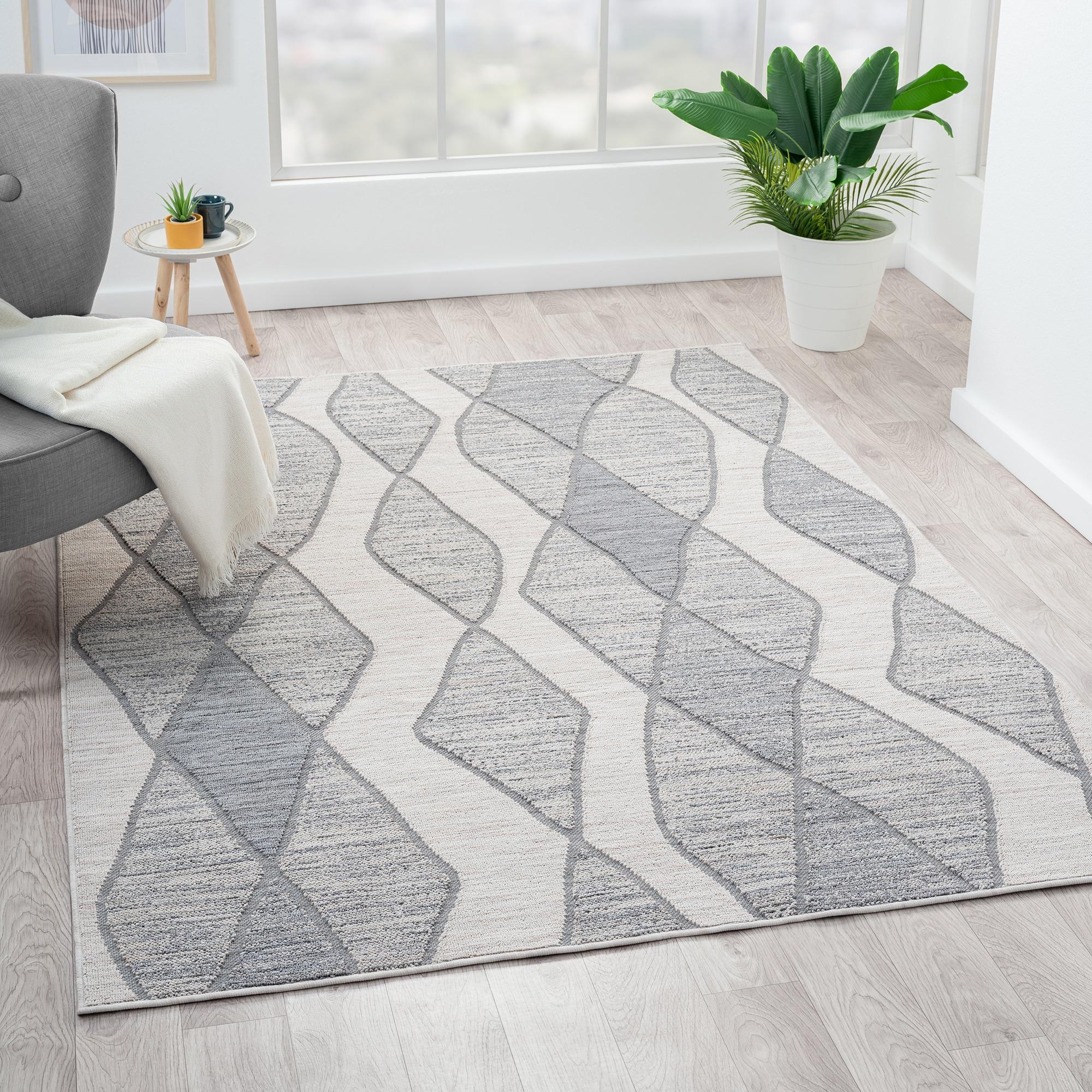 LR Home Gayle 7'10" x 8'10" Blue/Ivory Geometric Performance Indoor/Outdoor Area Rug
