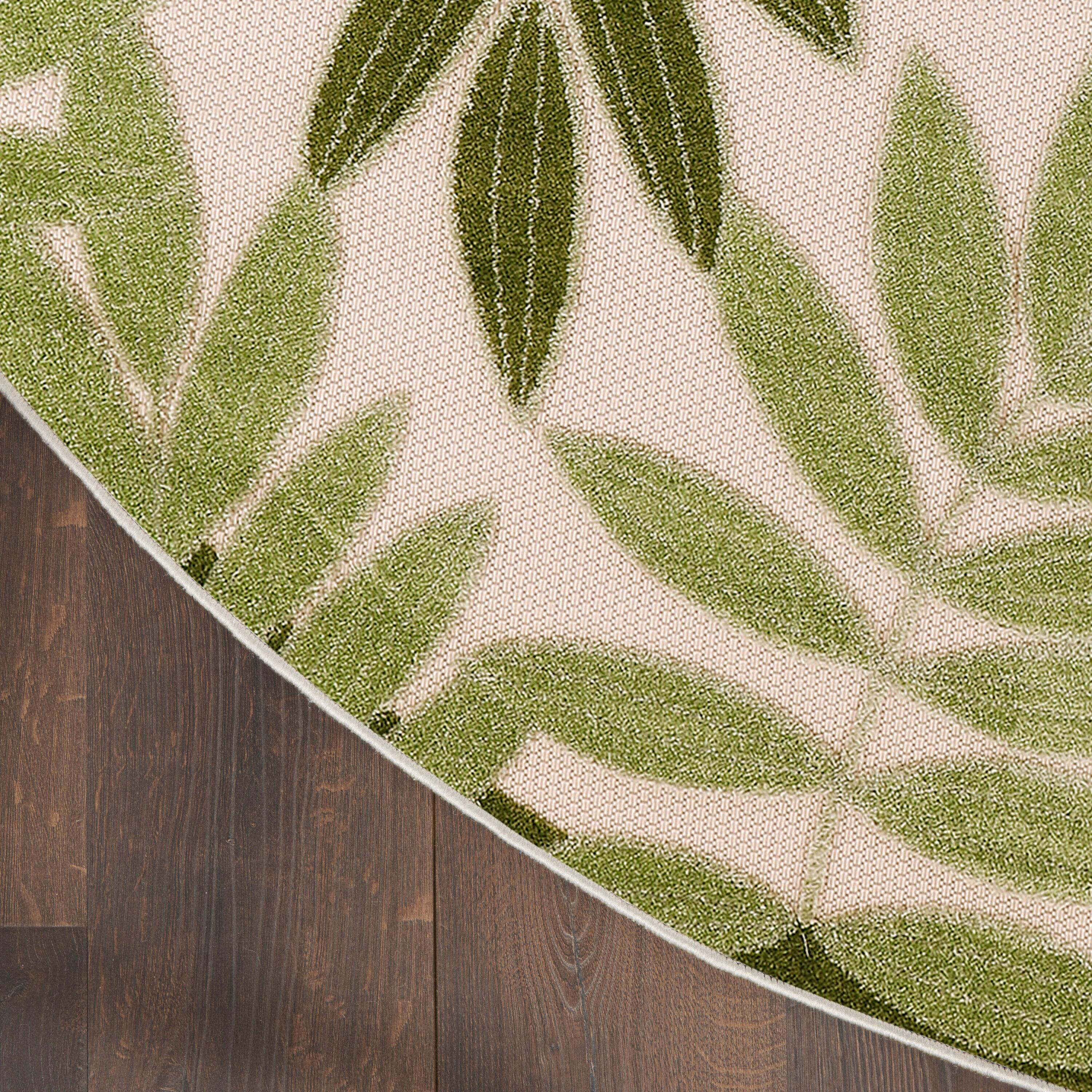 Nourison Aloha Floral Leaf Flatweave High-Low Indoor Outdoor Round Rug Ivory Green 5'3" x 5'3"