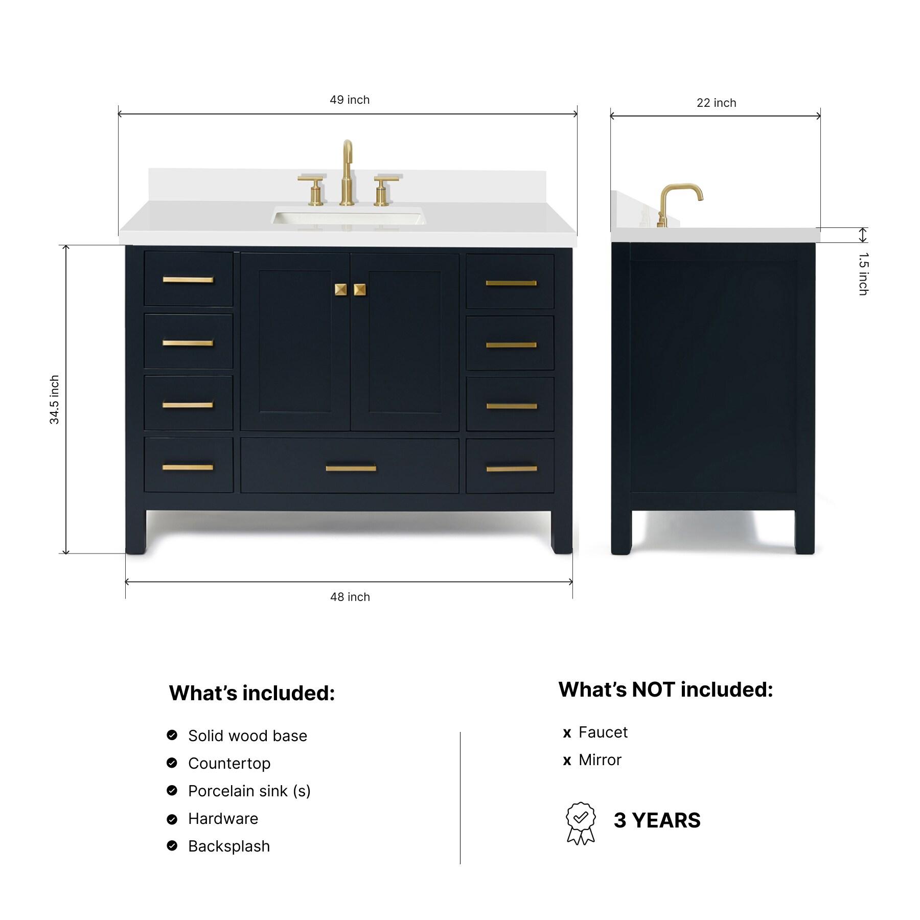 ARIEL 49" Bathroom Vanity with 1.5" Edge Pure White Quartz Countertop & Backsplash, Center Rectangular Sink, 2 Soft Closing Doors, 9 Full Extension Dovetail Drawers, Brushed Nickel - Midnight Blue