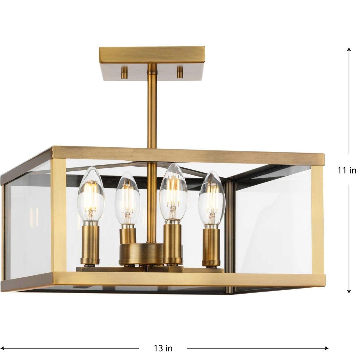 Progress Lighting Hillcrest 4-Light Vintage Brass Semi-Flush Mount with Clear Beveled Glass Panels
