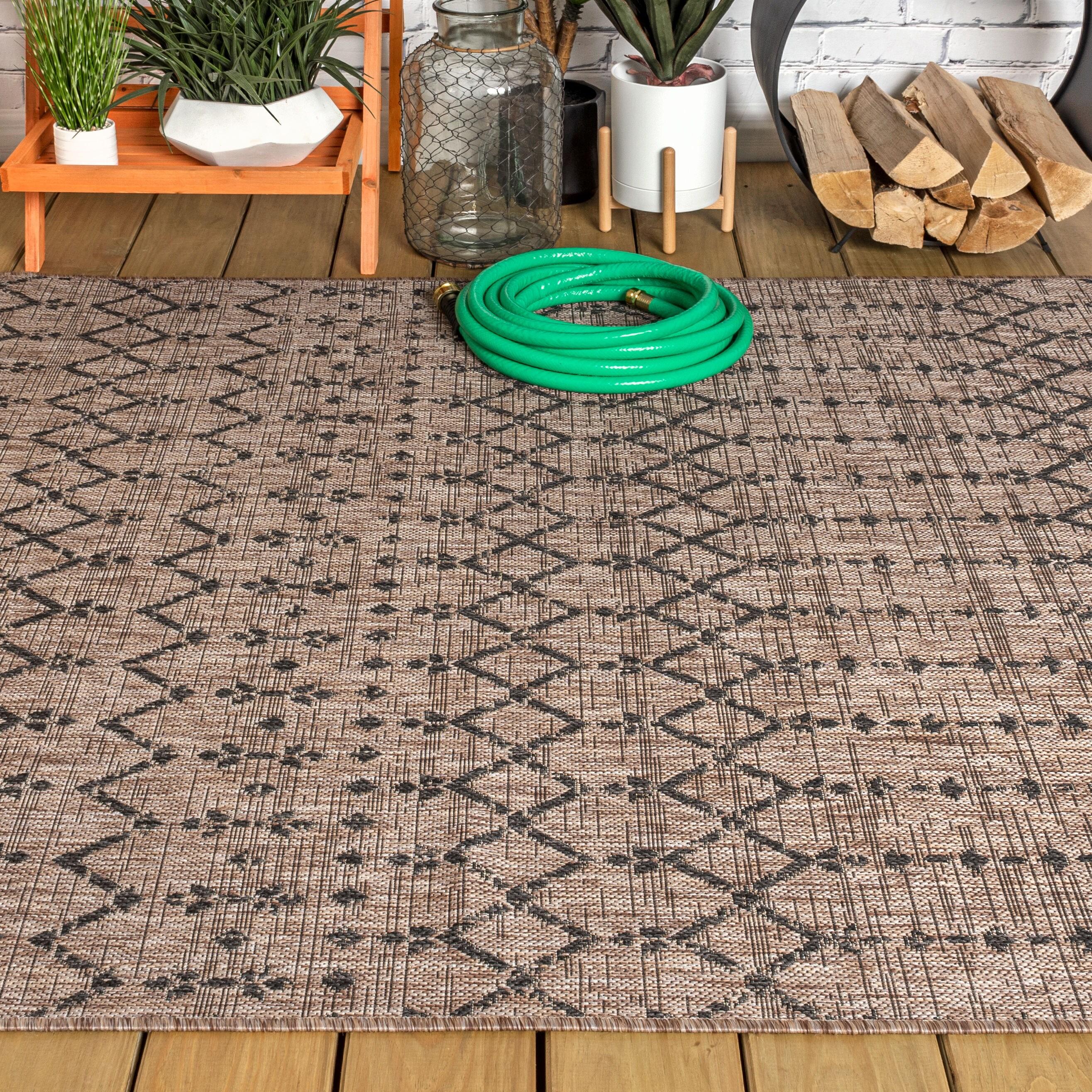 5'x8' Ourika Moroccan Geometric Textured Weave Indoor/Outdoor Area Rug, Natural/Black - JONATHAN Y