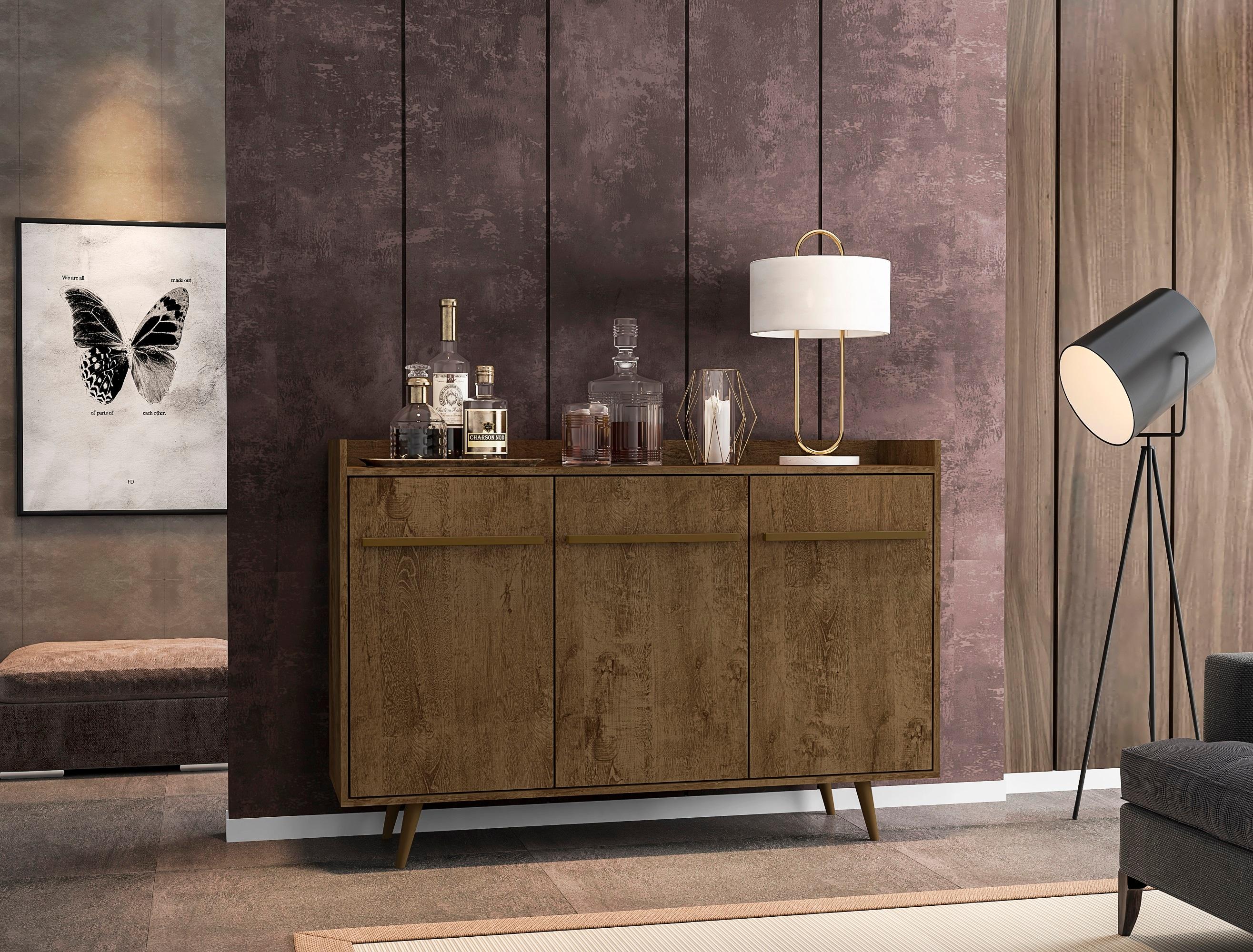 53.54" Bradley Buffet Stand Rustic Brown - Manhattan Comfort: Mid-Century Modern Sideboard, Fixed Shelves