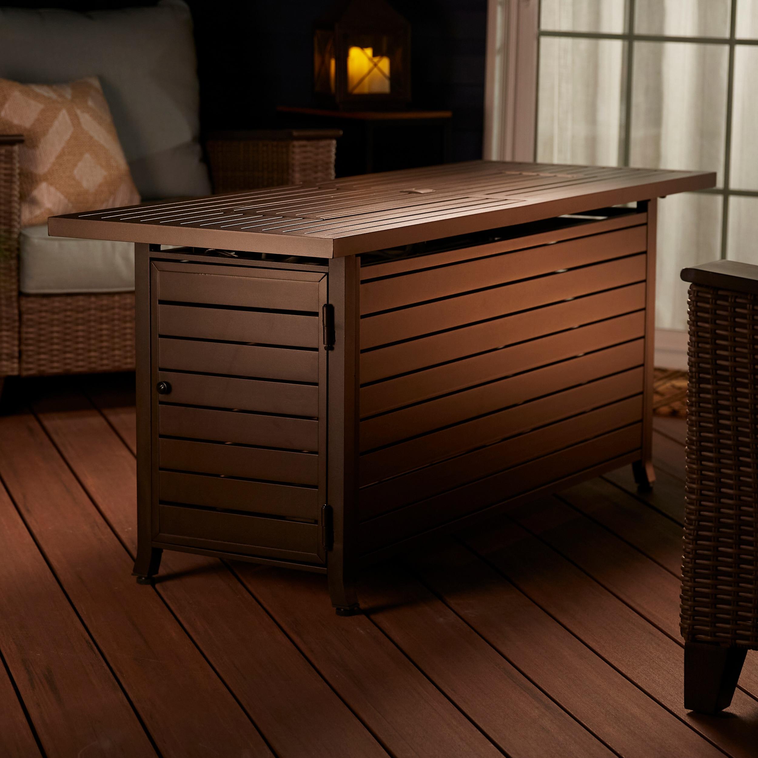 56 in. x 21 in. Rectangular Fire Table with Glass Wind Guard, Cover and Table Lid in Bronze