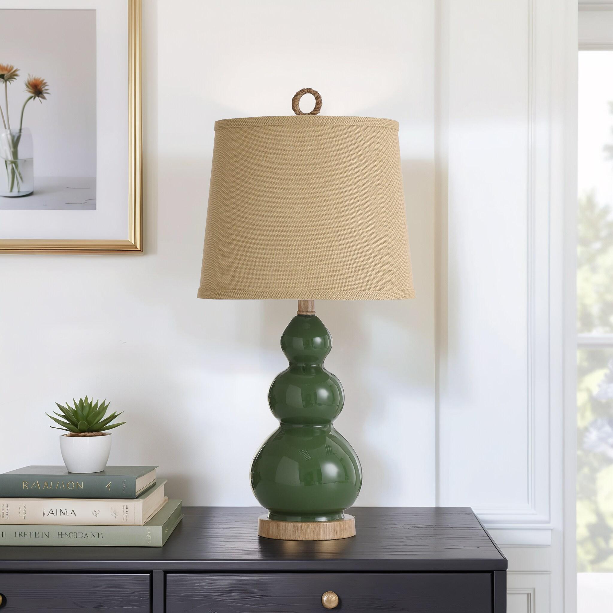 Nautical Green Table Lamp with Burlap Shade and Circle Faux Rope Finial - StyleCraft: Polyresin & Glass, UL Listed, No Assembly Required
