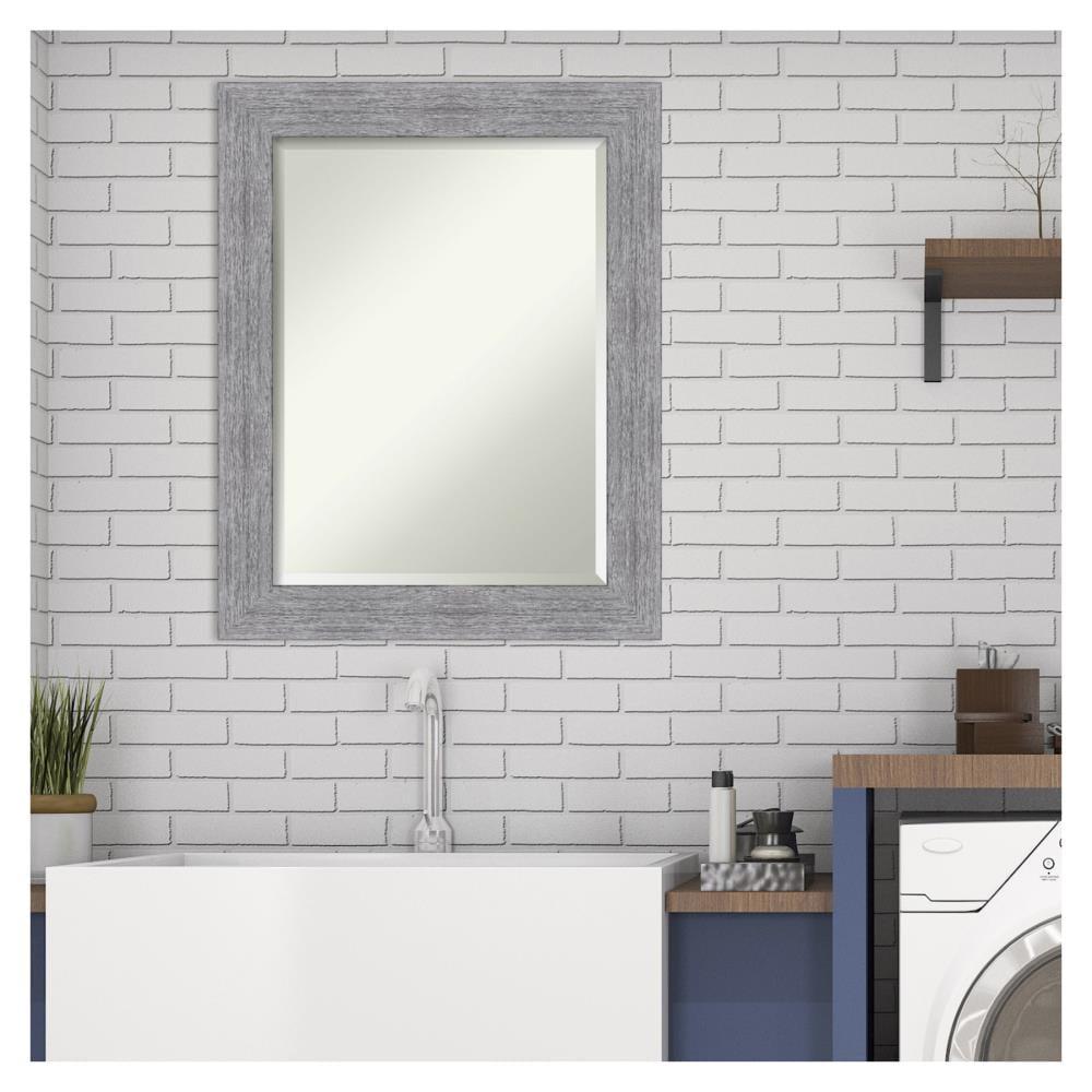Amanti Art Beveled Bathroom Wall Mirror - Bark Rustic Char Frame Bark Rustic Grey Outer Size: 23 x 29 in Silver, Brown, Grey