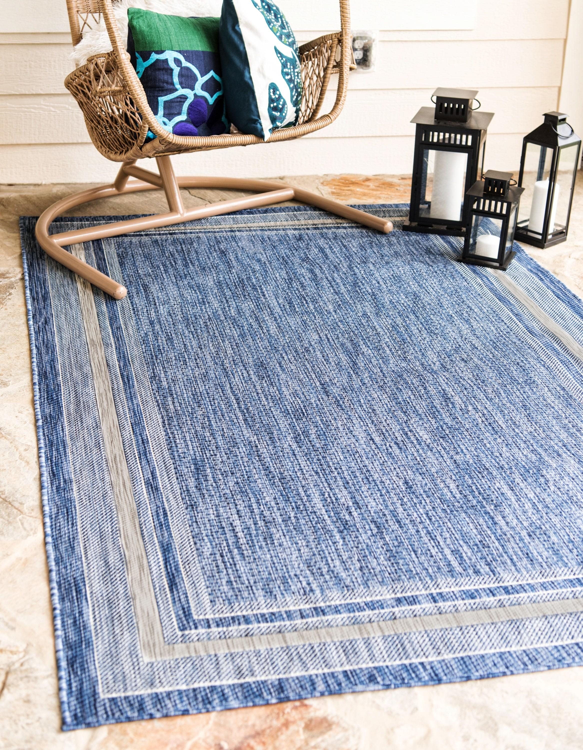 Unique Loom 6' 1 x 9' 0 Rectangle Indoor/Outdoor Border Blue Area Rug
