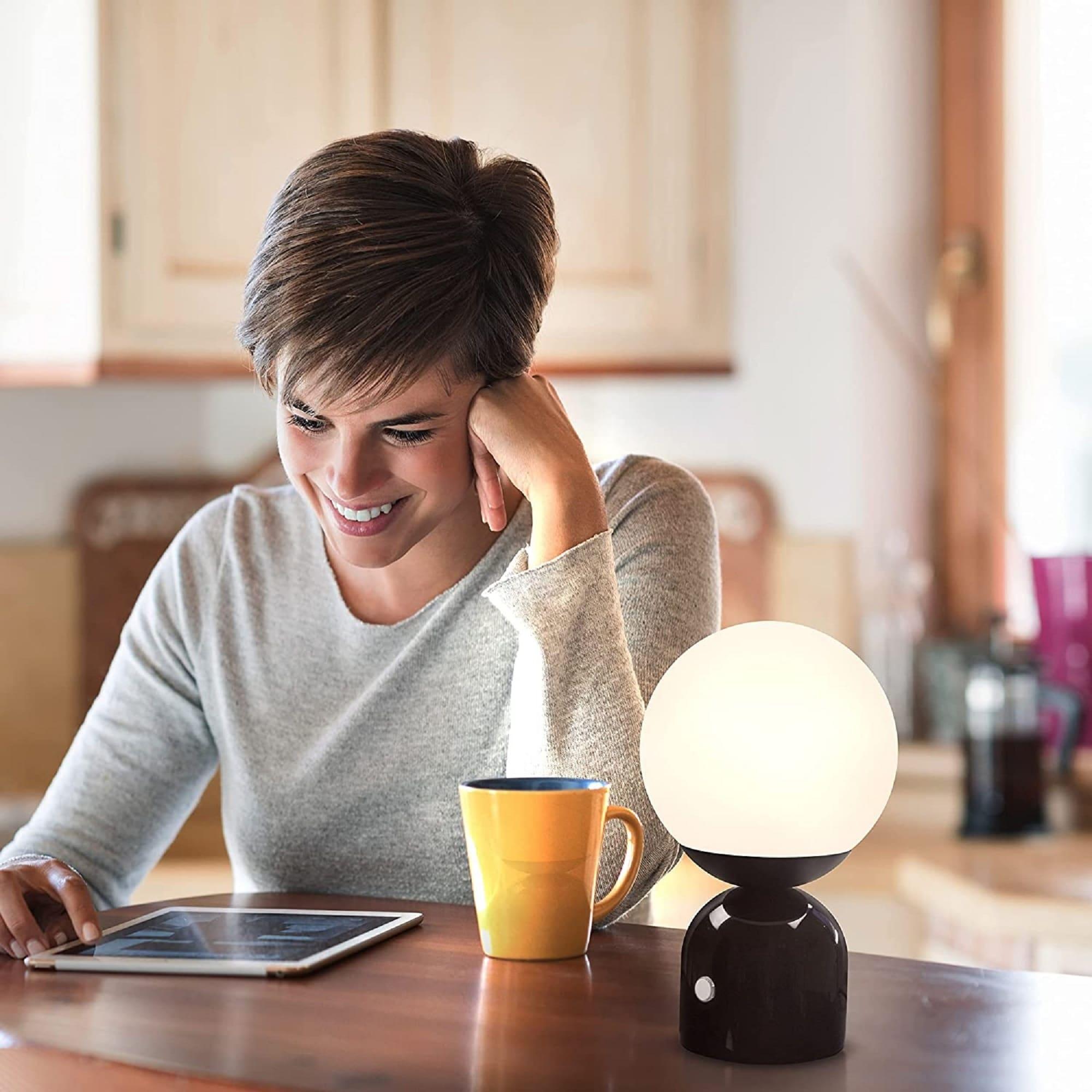 Brightech Mila 10" Modern LED Table Lamp with Black Marble Base and Frosted Globe Shade, 3-Way Dimming