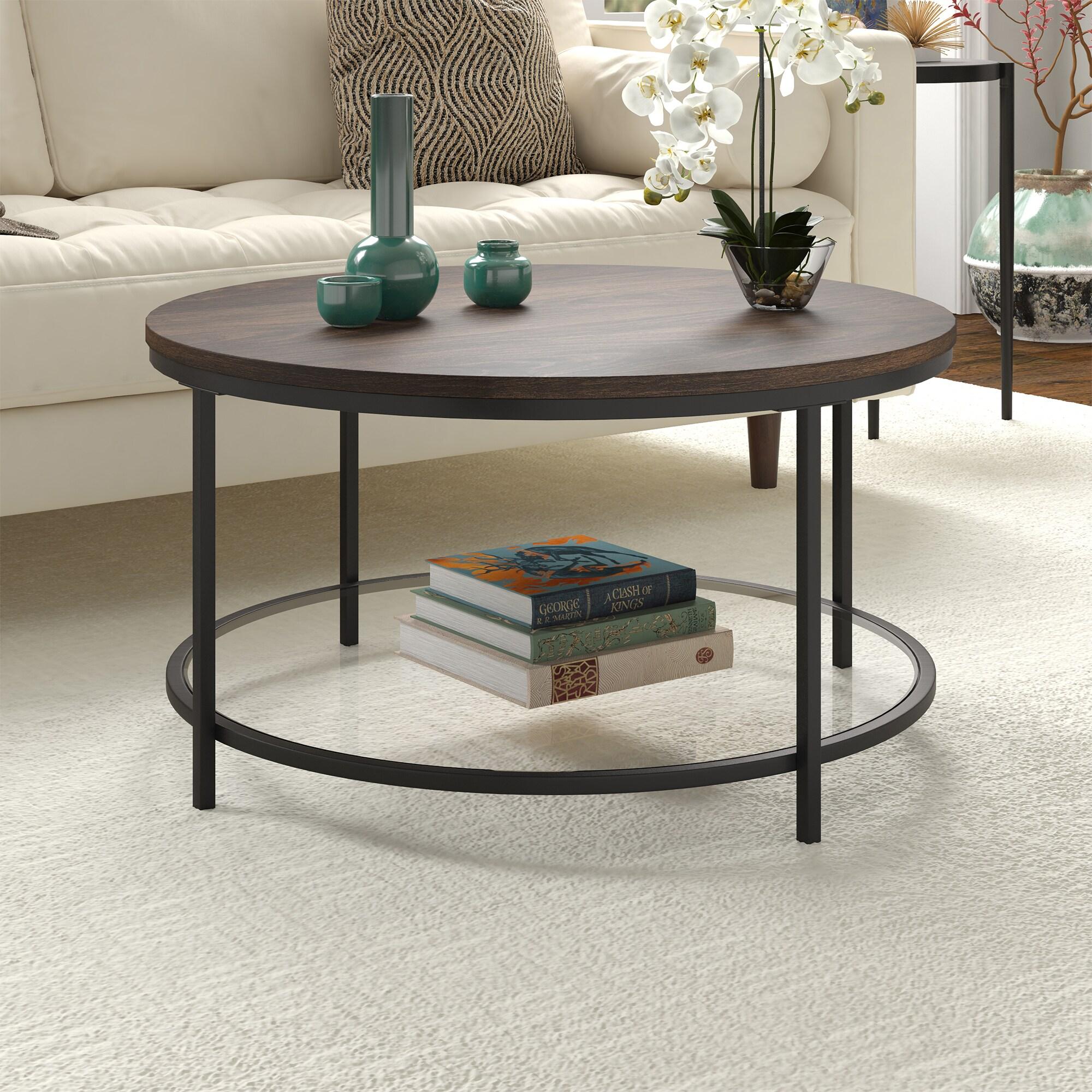 Evelyn&Zoe Sevilla 32'' Wide Round Coffee Table with MDF Top and Glass Shelf, Blackened Bronze/Alder Brown