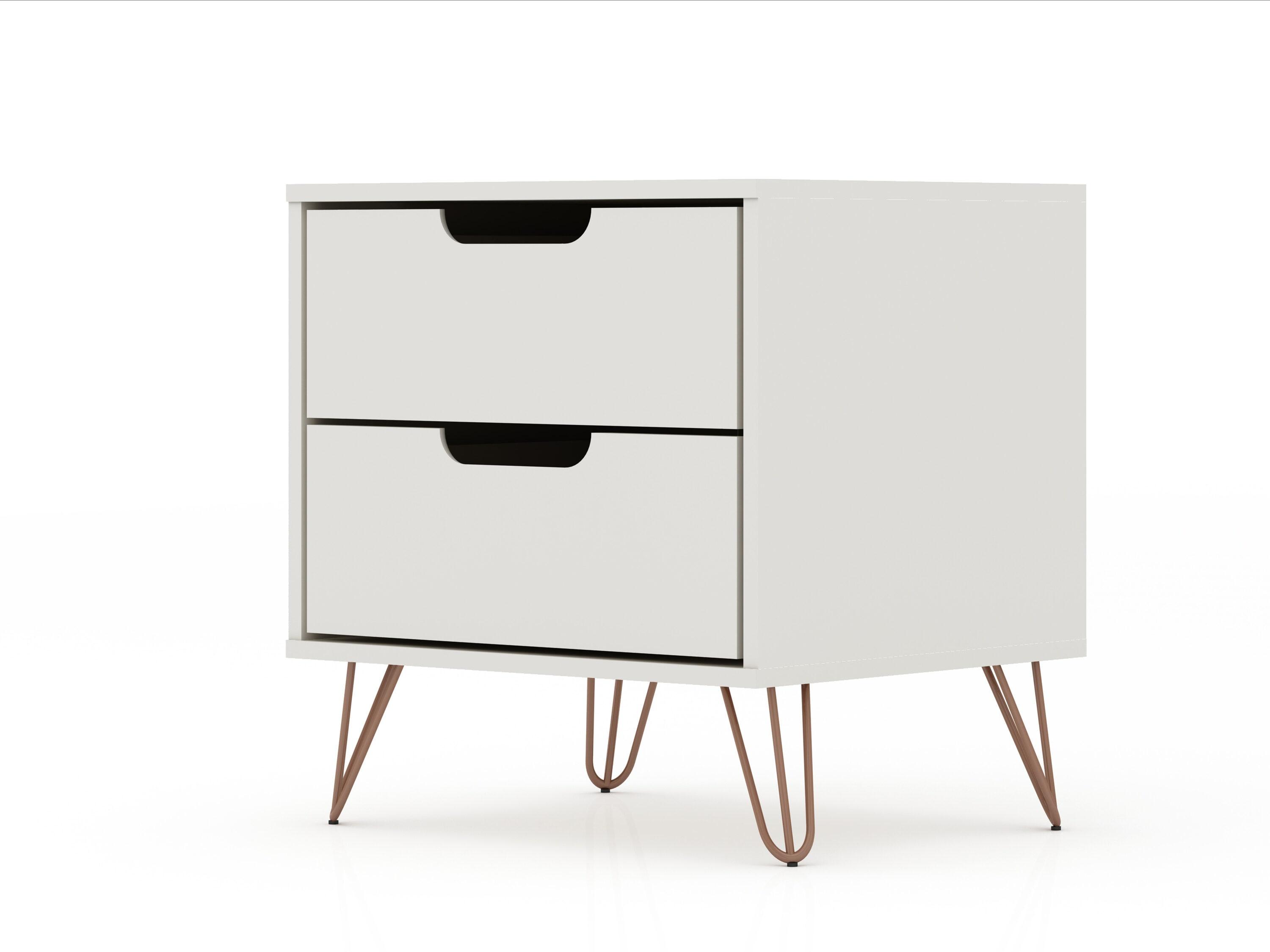 Manhattan Comfort 2.0 Rockefeller Nightstand Off White/Natural: Mid-Century Design, Splayed Metal Legs, Dual Drawers