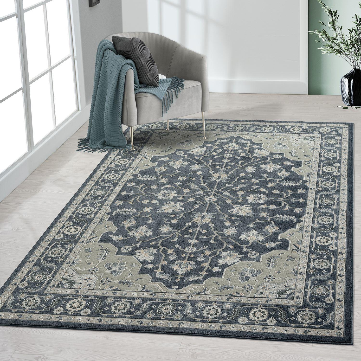 LR Home Imara Kate Navy/Light Gray Traditional Floral Polyester Area Rug, 5'3" x 7'6"