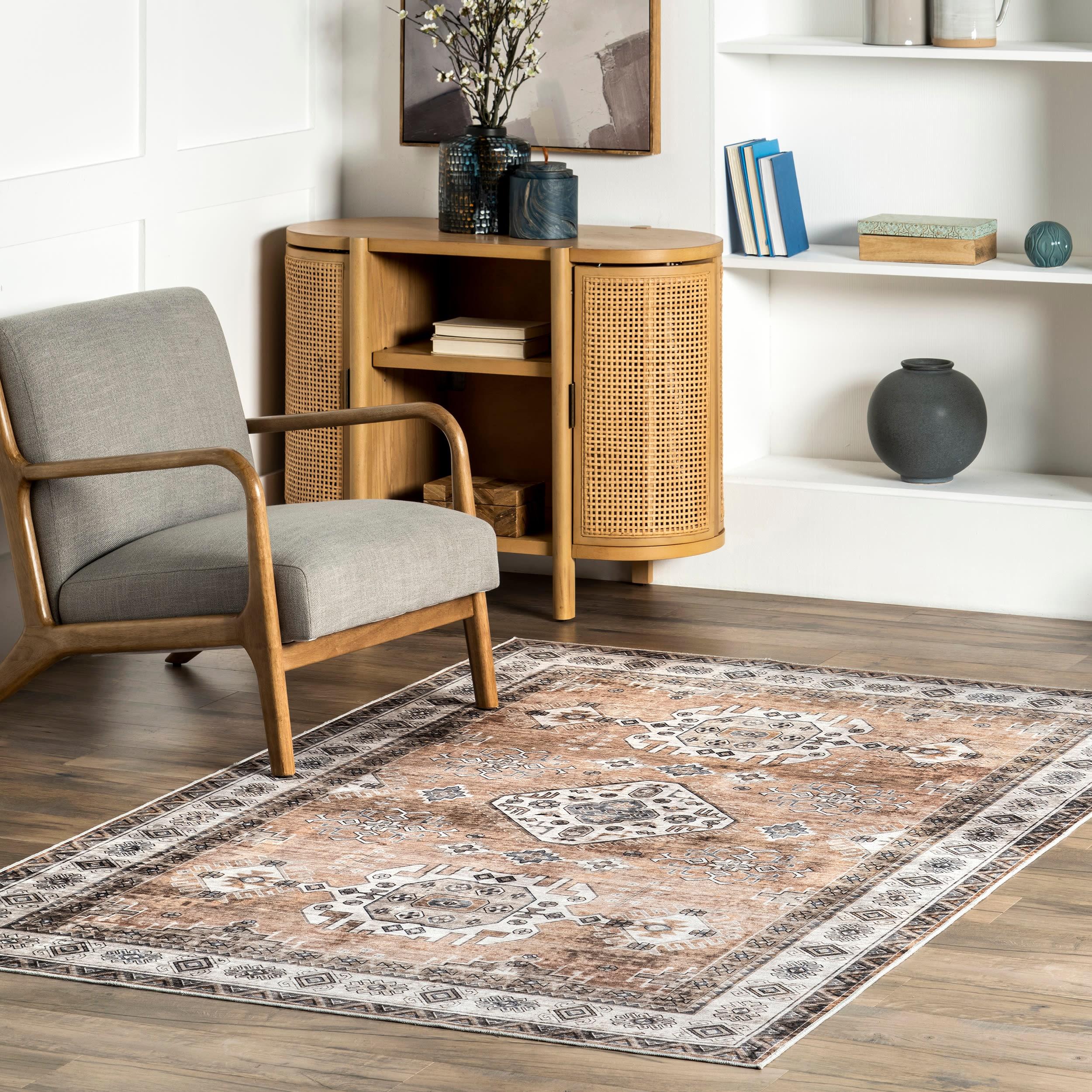 Nuloom Evelina Medallion 6x9 Spill Proof Machine Washable Indoor Area Rug for Living Room Bedroom Dining Room Kitchen, Light Orange/Ivory