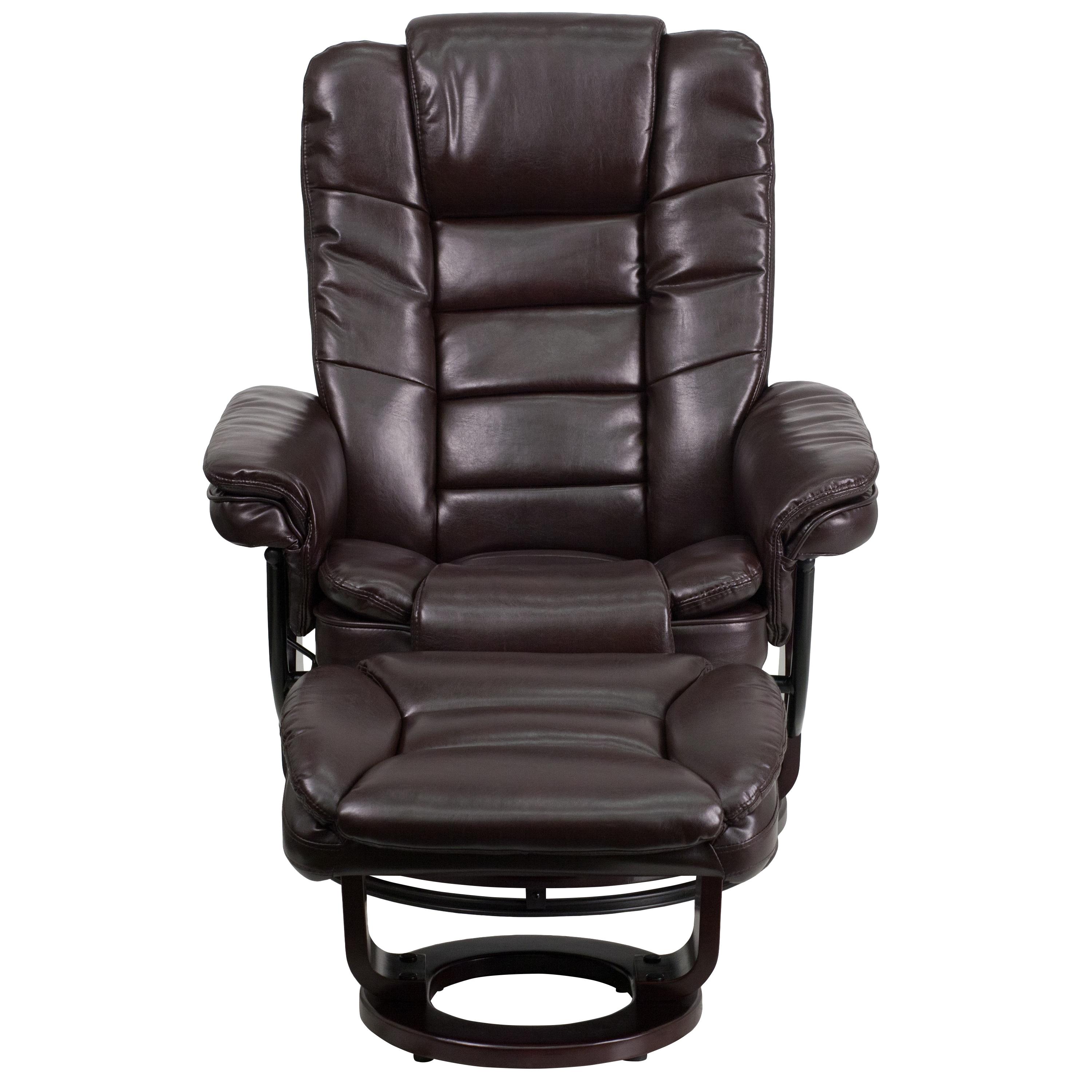 BizChair Contemporary Multi-Position Recliner with Horizontal Stitching and Ottoman with Swivel Mahogany Wood Base in Brown LeatherSoft