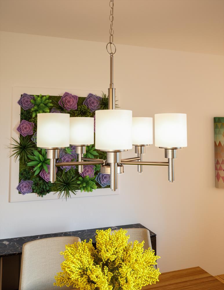 Design House 556639 Aubrey Transitional 5-Light Indoor Chandelier Dimmable Frosted Glass for Entryway Dining Room Foyer, Satin Nickel