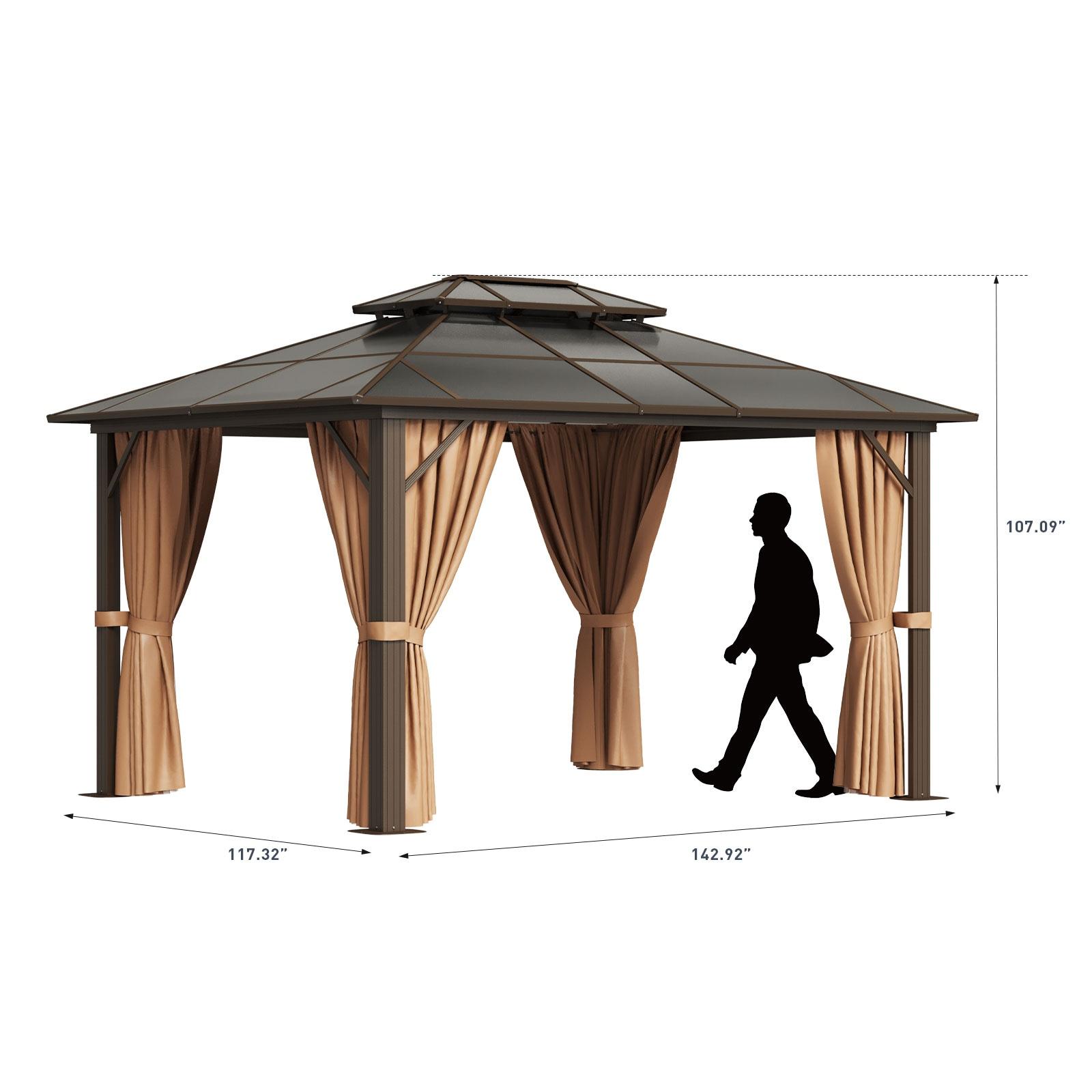 Aoxun 10'x12' Hardtop Gazebo, Aluminum Frame Permanent Pavilion with Curtains and Netting, Outdoor Polycarbonate Gazebo, Double Roof Canopy, for Gardens, Patios, Lawns